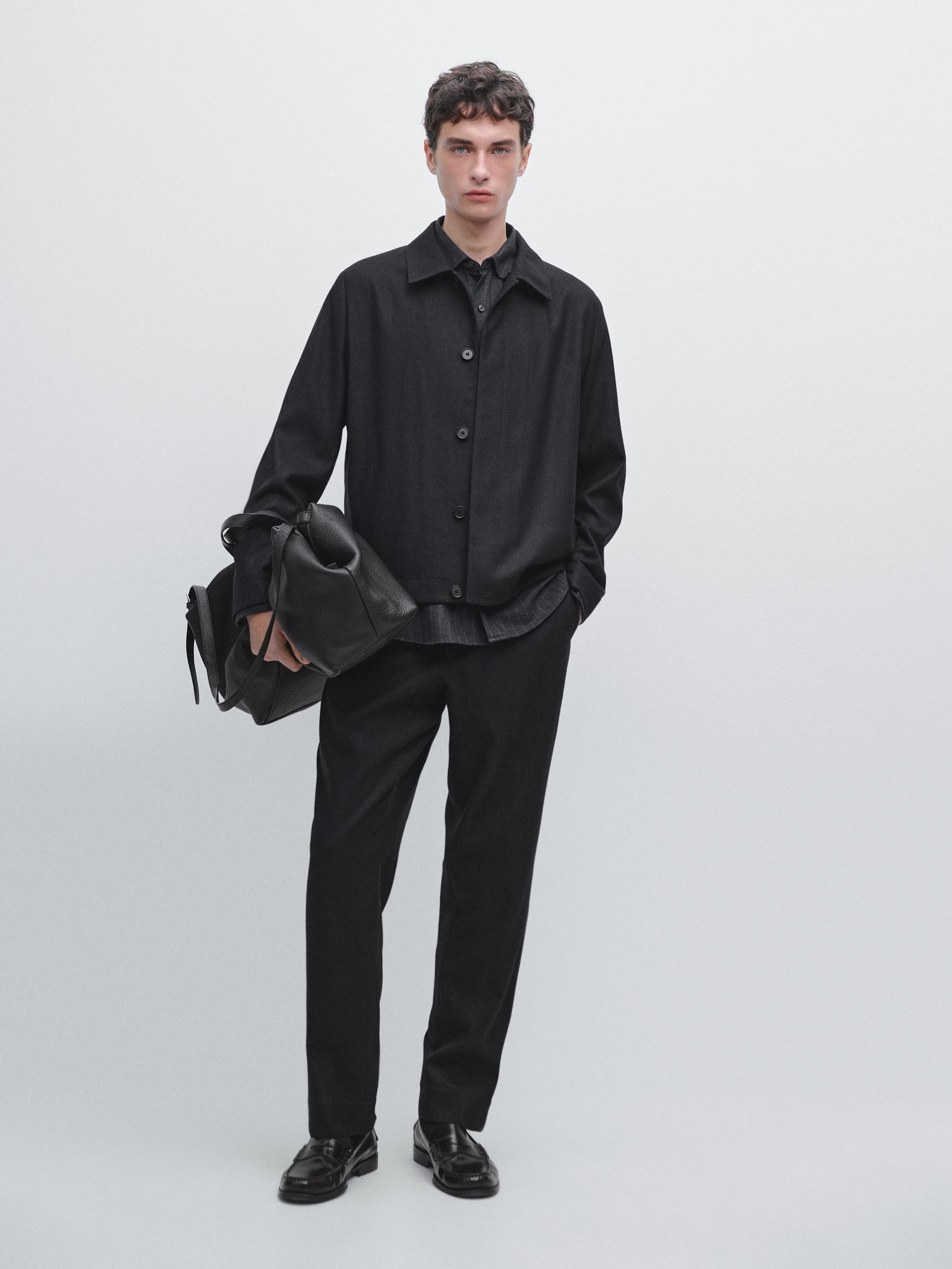 Flanelowe Spodnie Ze 100% Wełny Z Efektem Sztruksu - Granatowy - 40 - Massimo Dutti - Mężczyzna