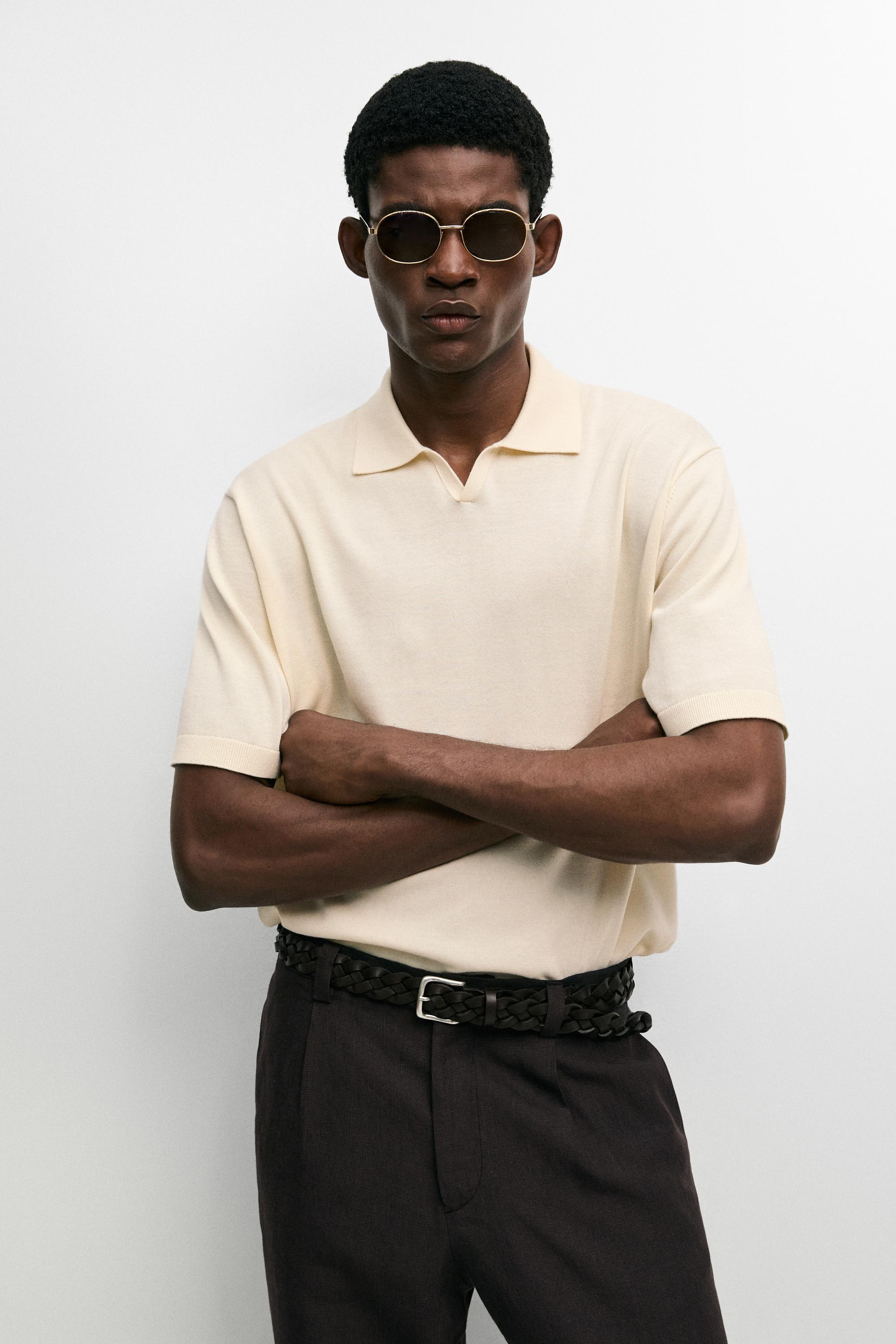 100% cotton V-neck knit polo — CREAM
