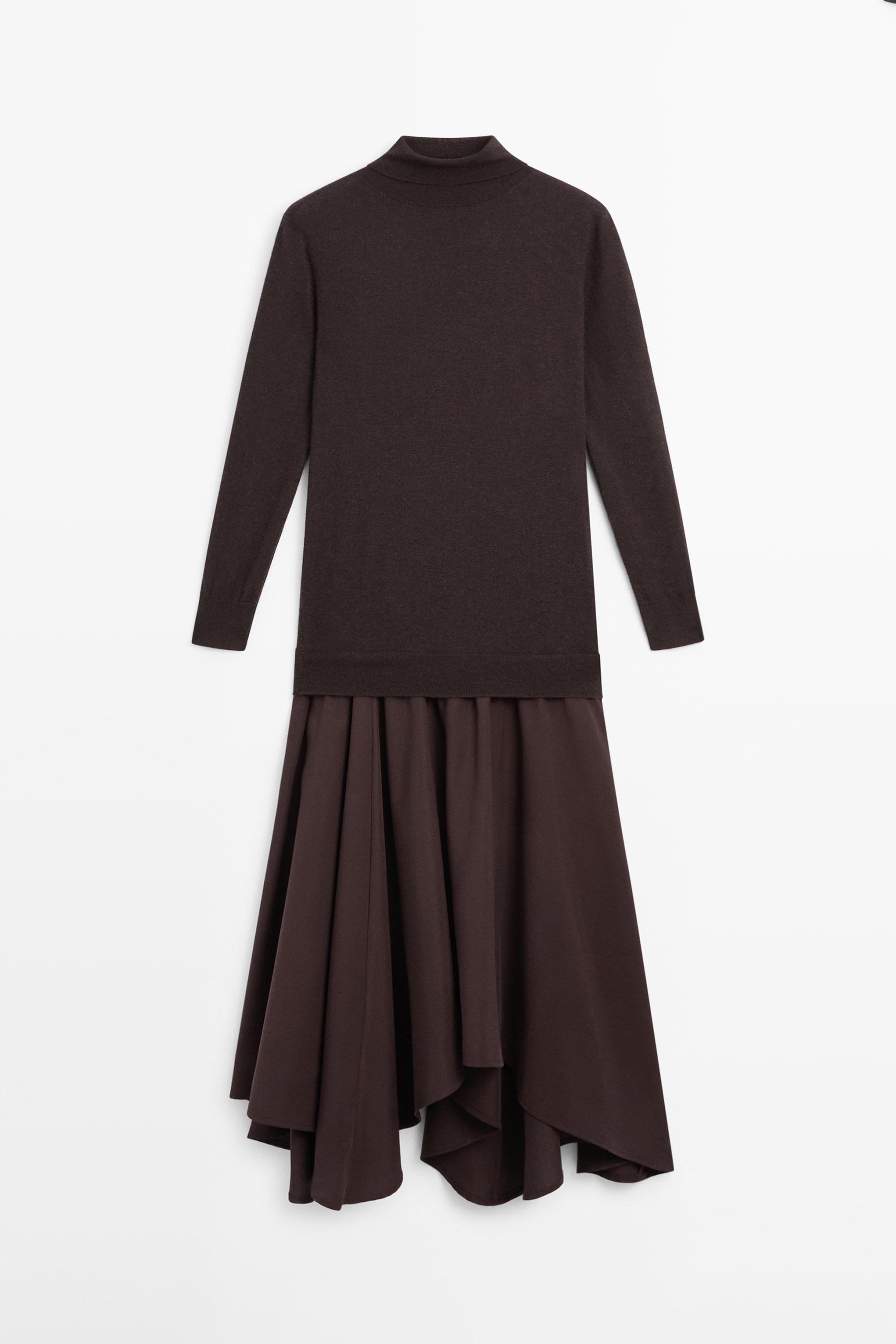 Wool blend knit dress with contrast detail — Chocolate