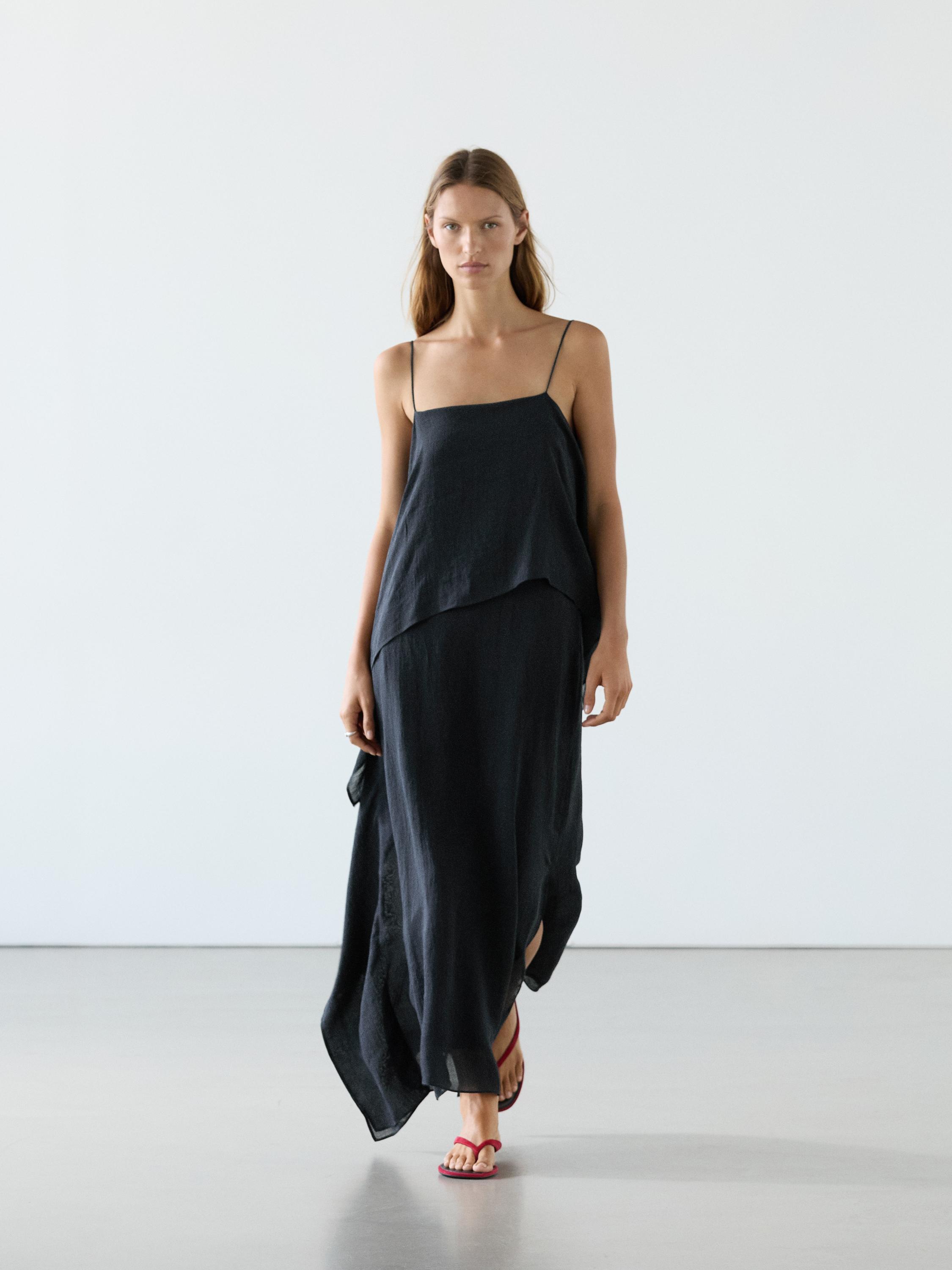 Midi dress with asymmetric ruffle detail — Dark Blue