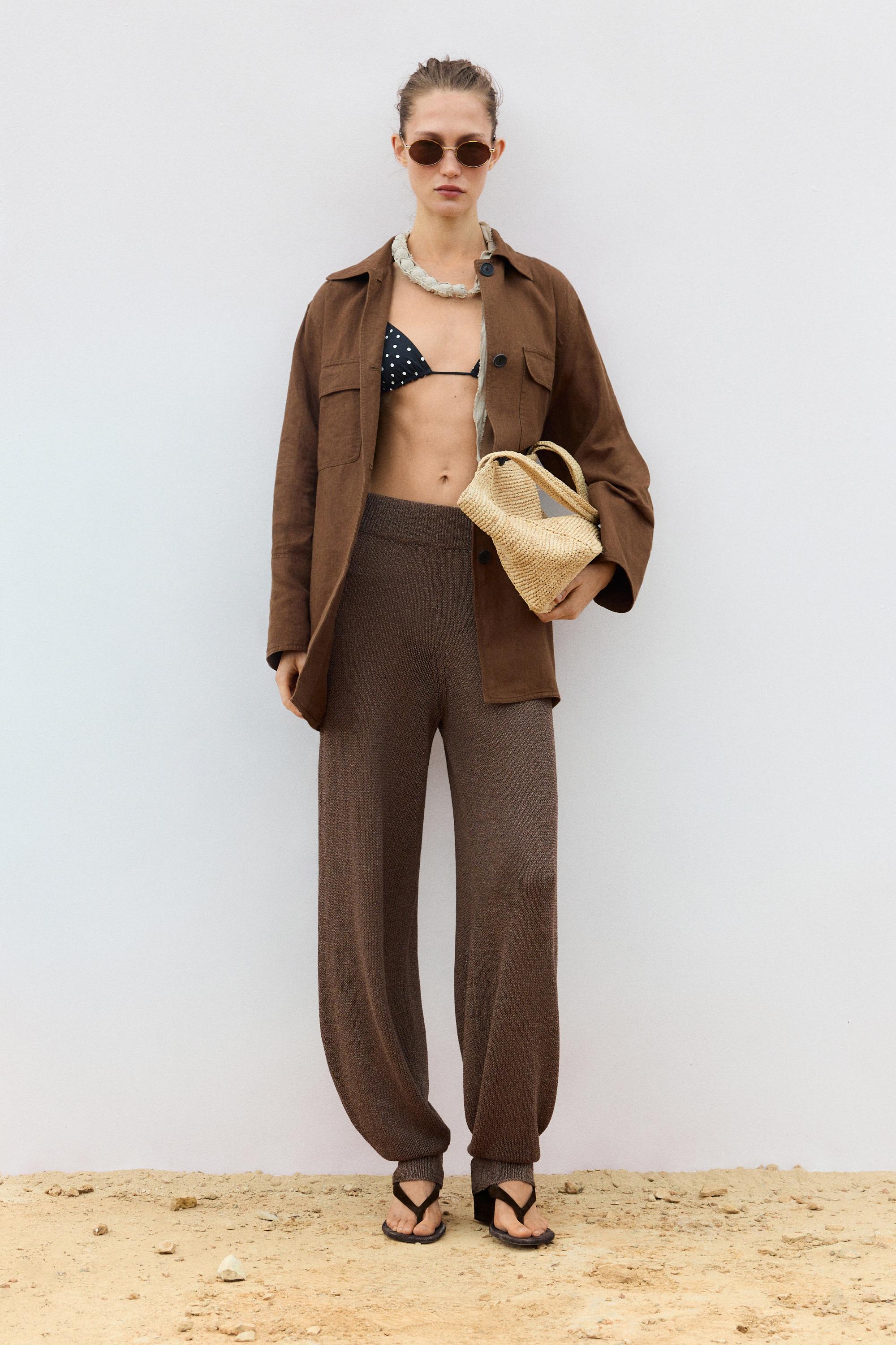 100% linen blazer with pockets and belt detail — BROWN