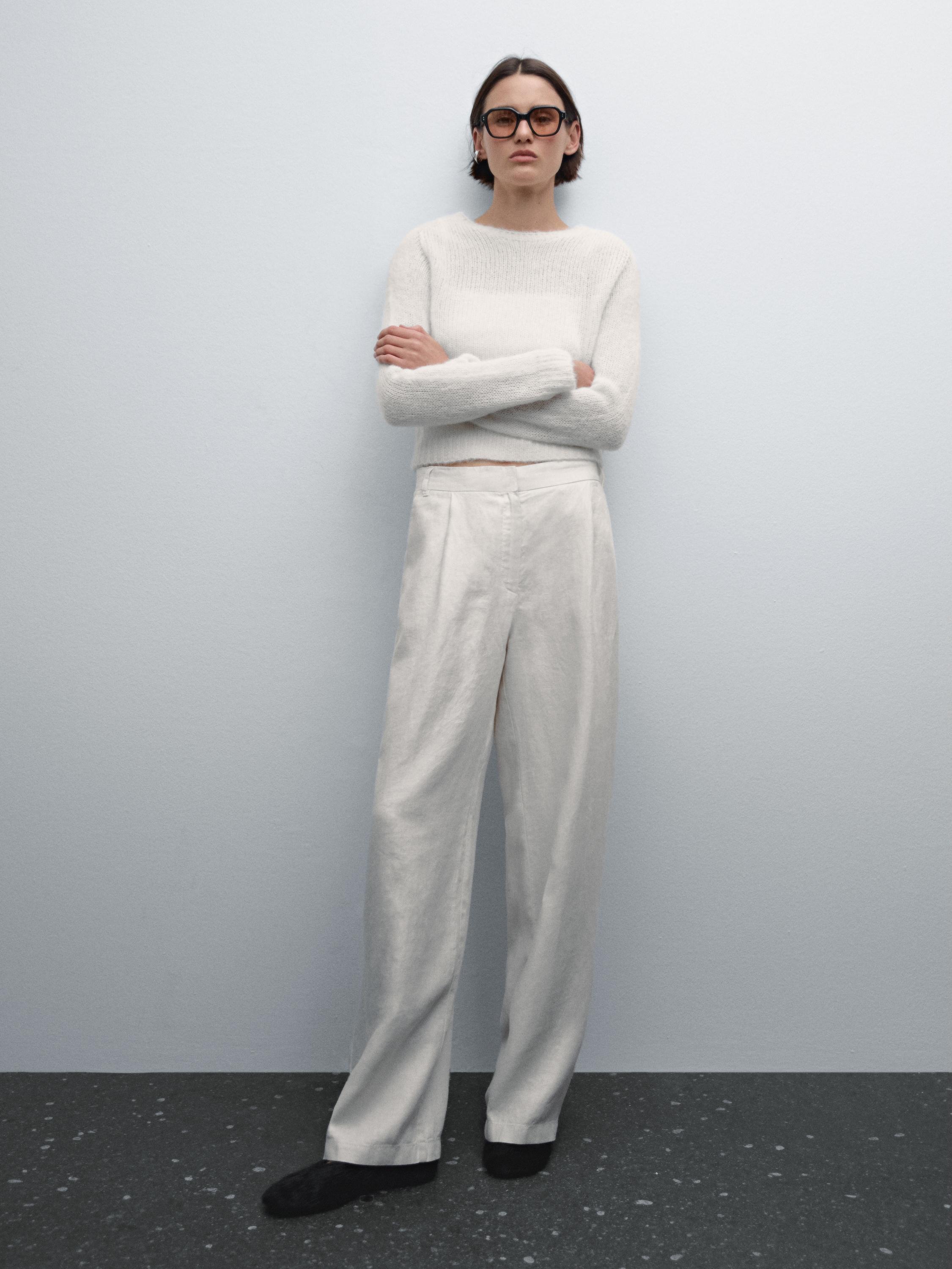 100% linen wide-leg elastic detail trousers