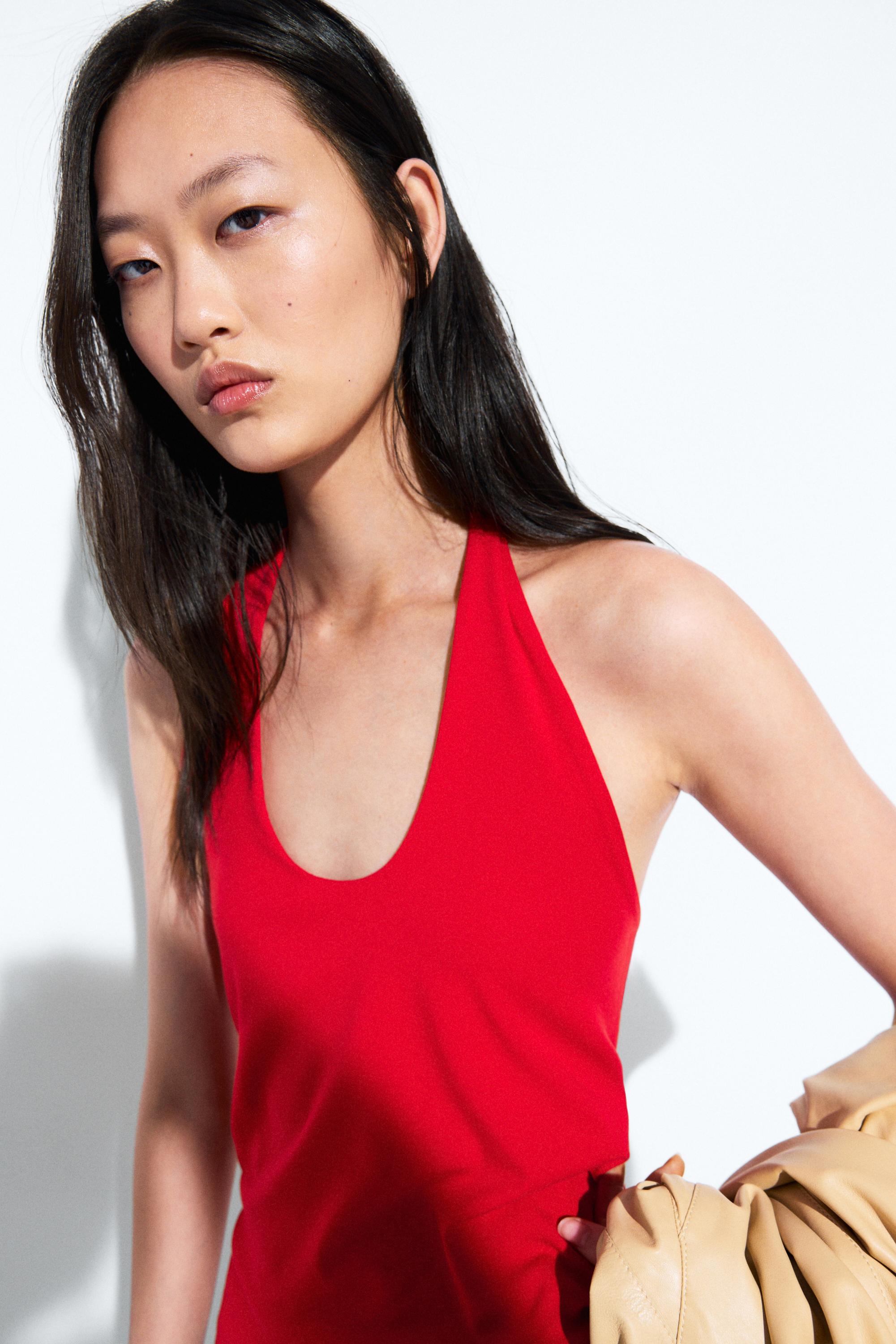 Cotton modal blend halter top — RED