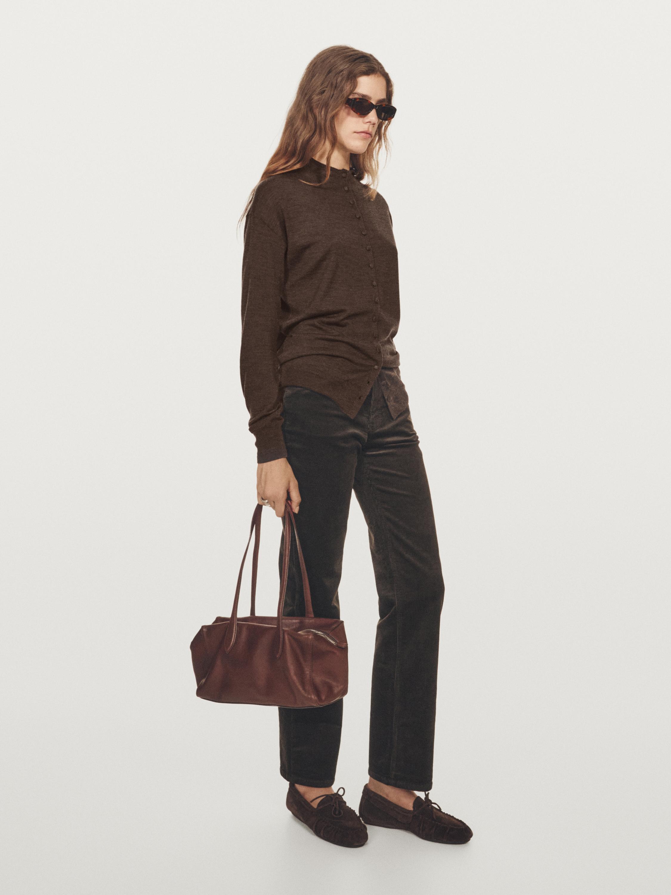 Mock turtleneck cardigan with covered buttons
