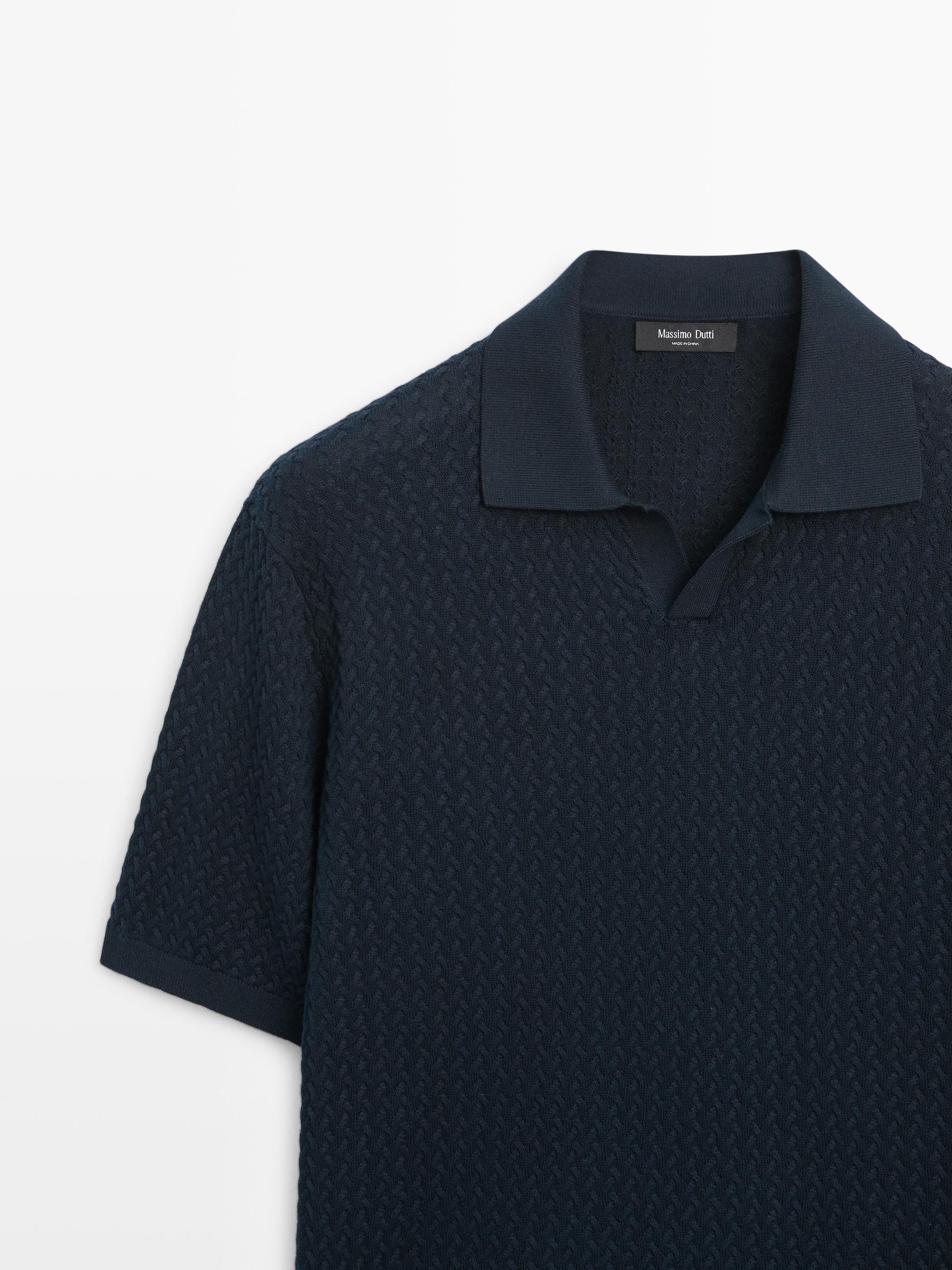 Cable-knit V-neck polo shirt — NAVY BLUE
