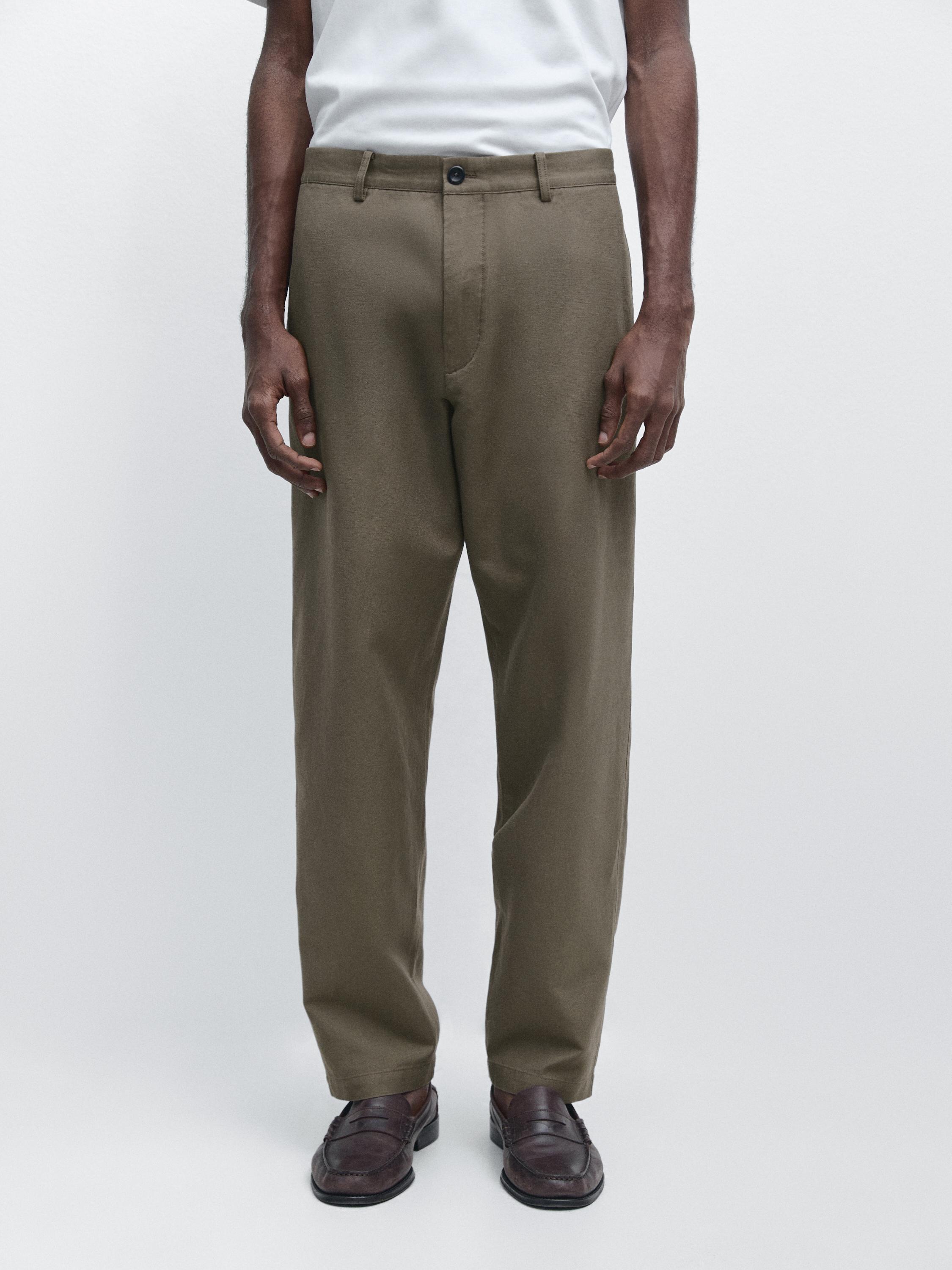 Cotton and linen tapered fit trousers — MOLE BROWN
