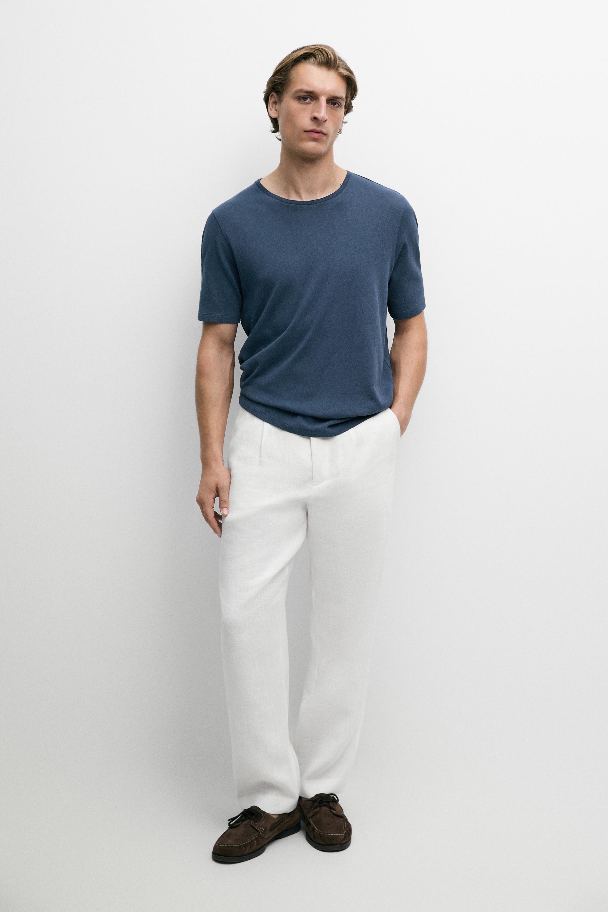 Short sleeve linen and cotton T-shirt — BLUE