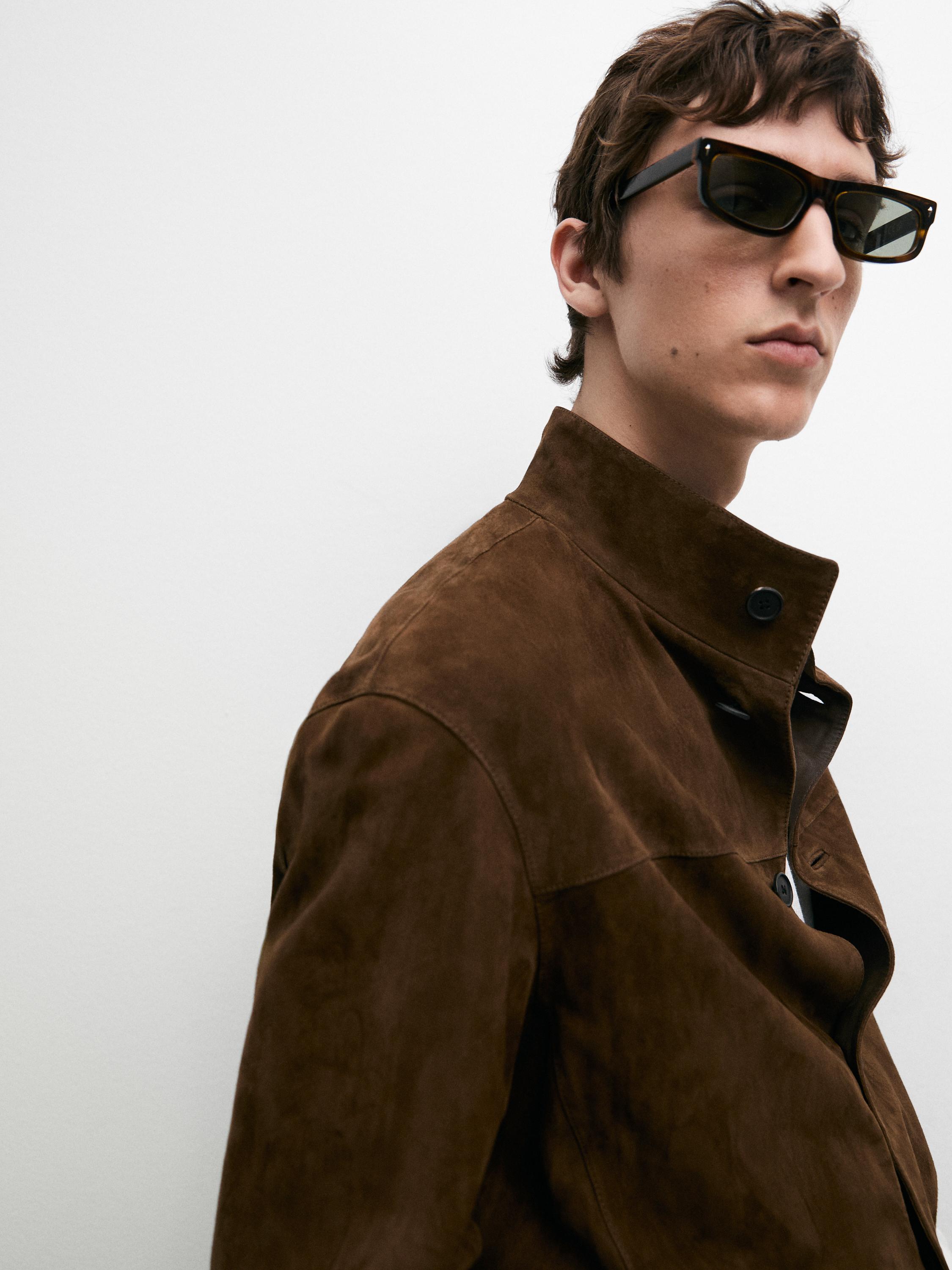 Suede leather high neck jacket — Tobacco brown