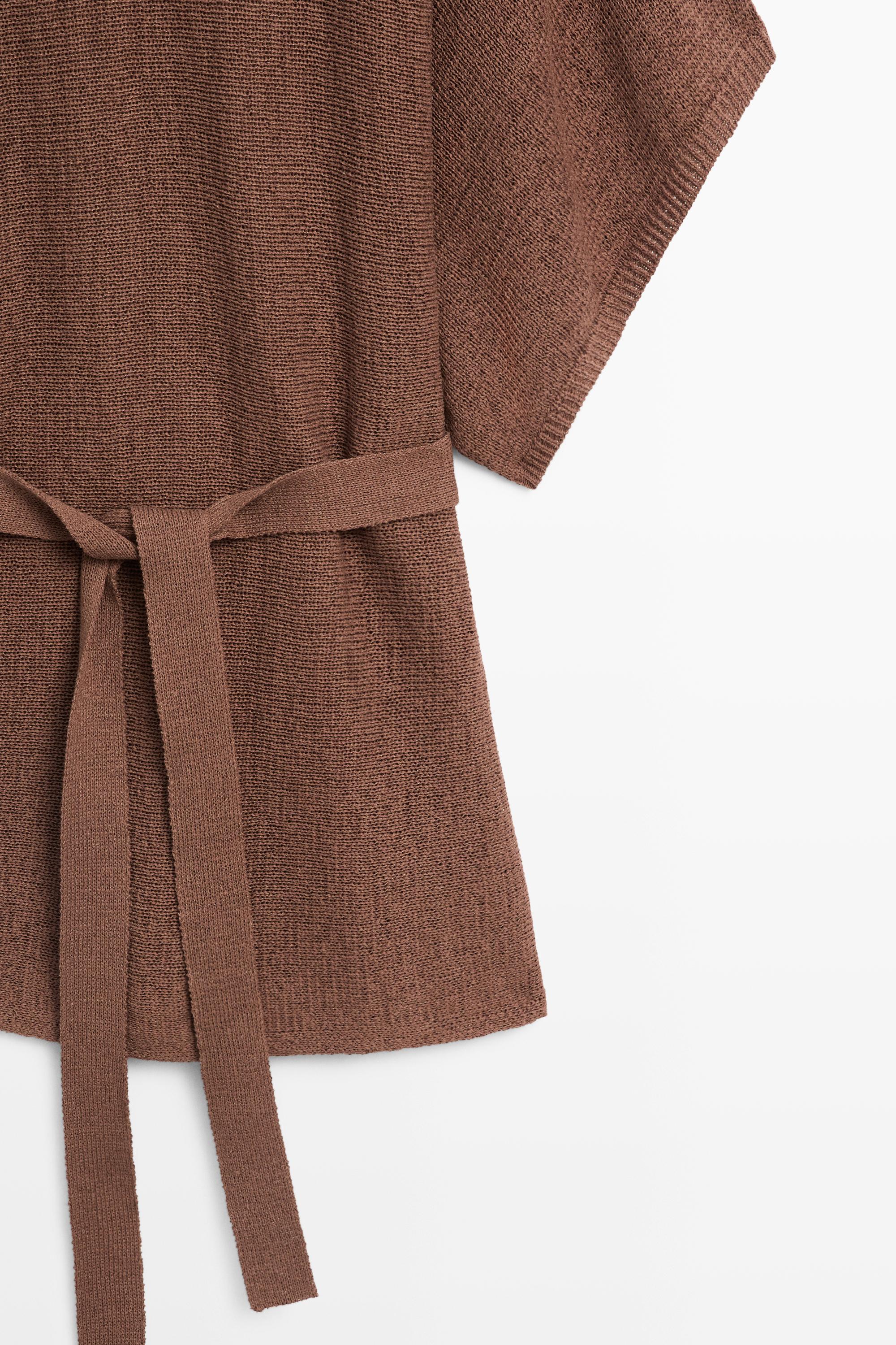 Cotton blend knit sweater with belt — BROWN
