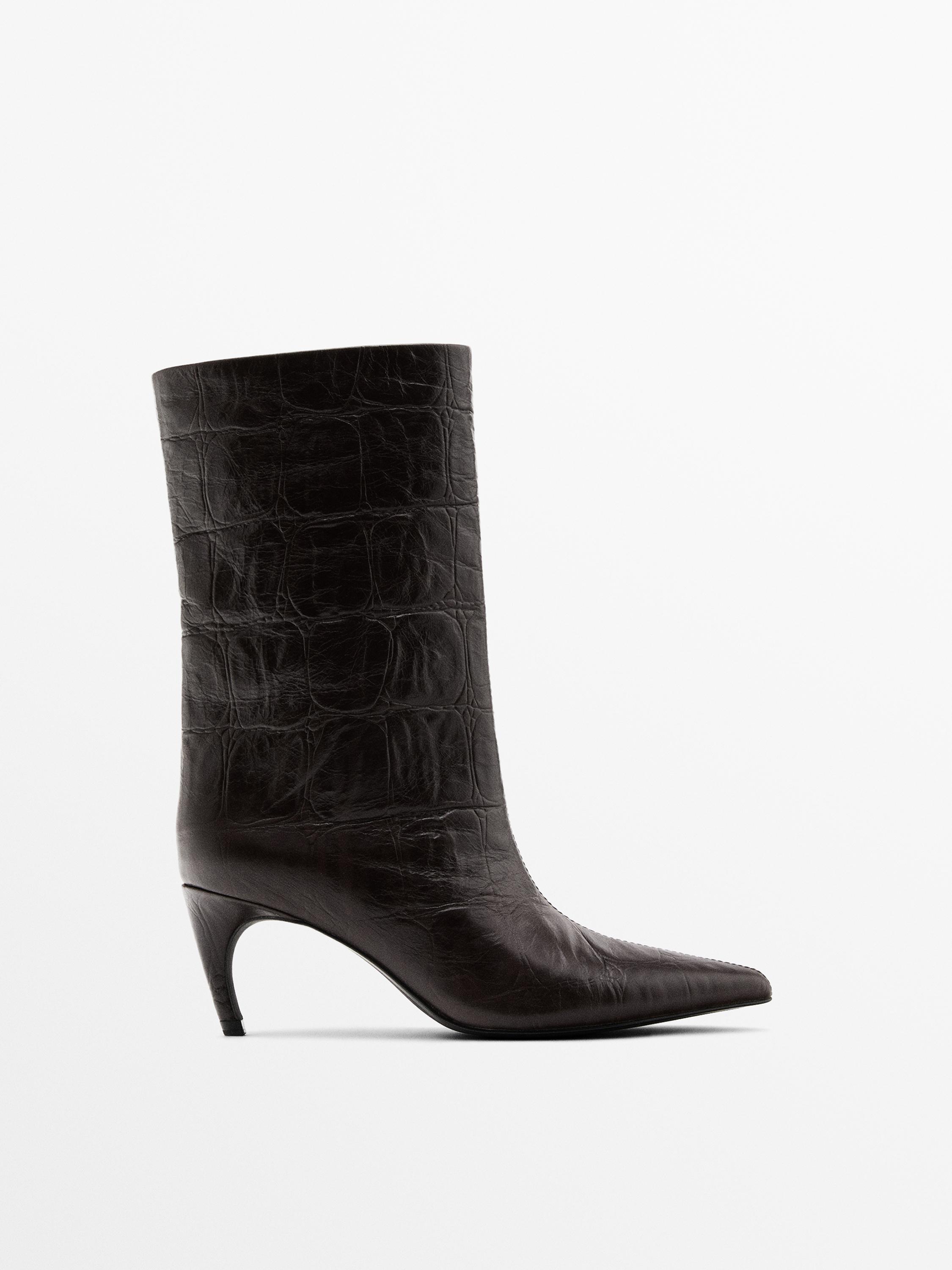 Embossed leather high-heel ankle boots · Brown · Shoes Massimo Dutti