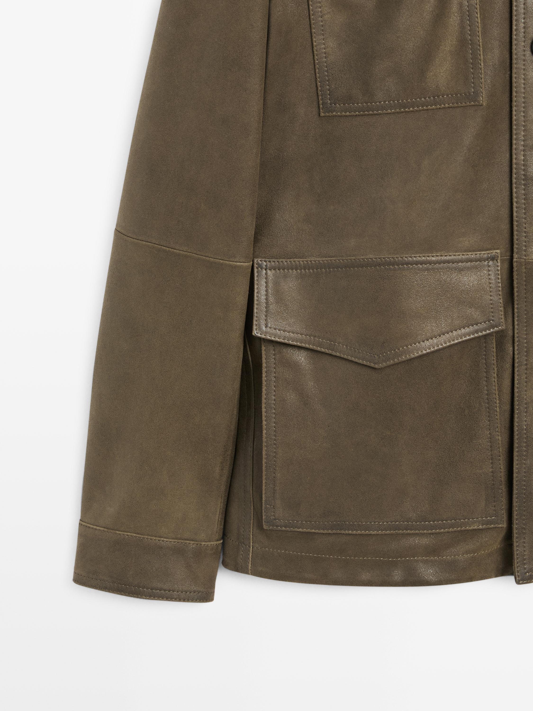 Distressed-effect goatskin leather jacket — KHAKI