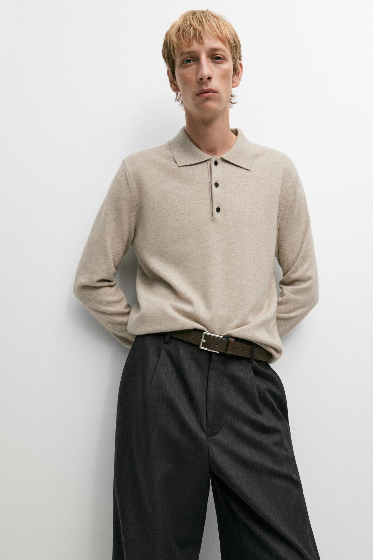 100% cashmere knit polo sweater — SAND BROWN