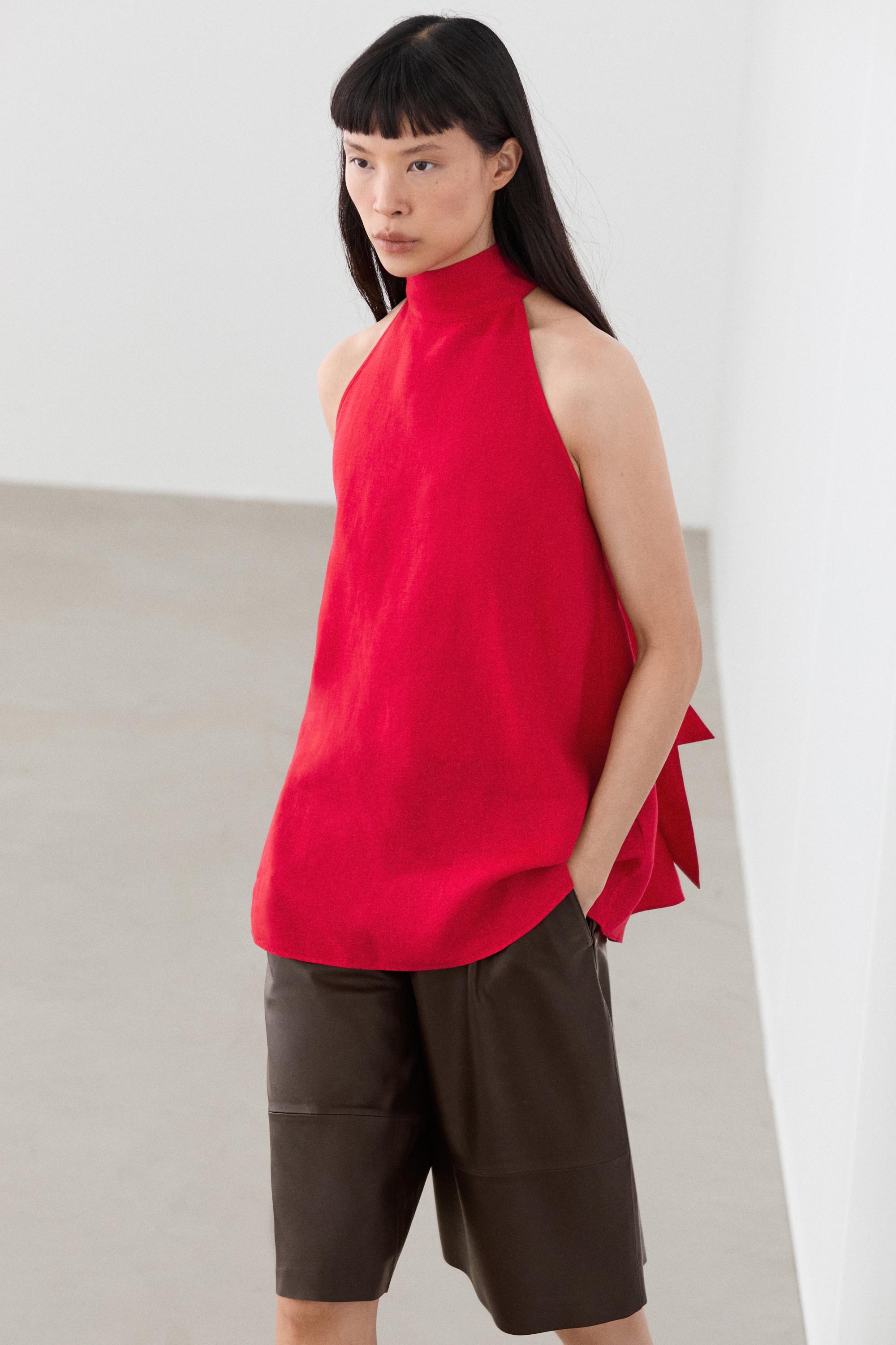 100% linen flowing halter top — RED