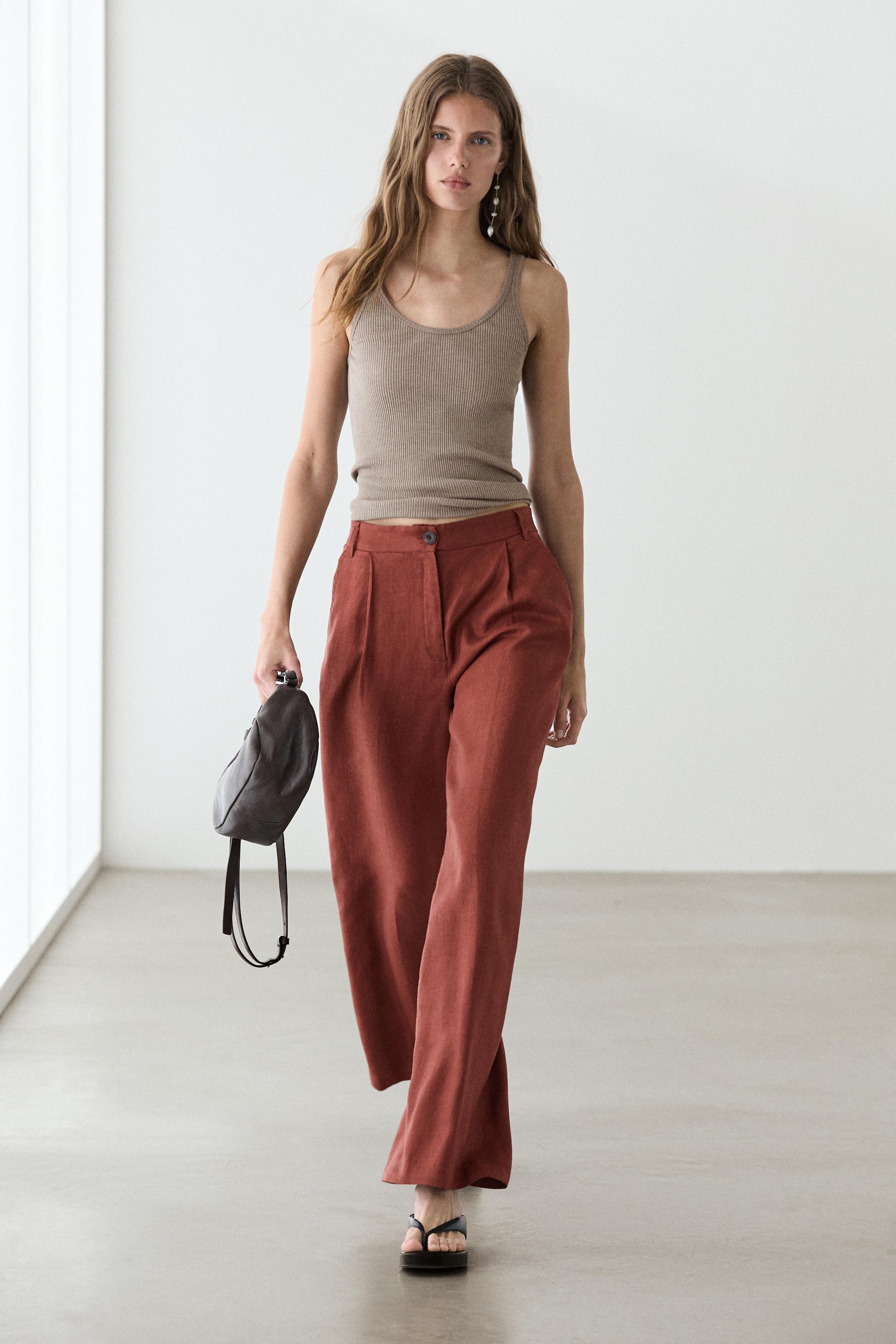 100% linen wide-leg elasticated trousers — Orange