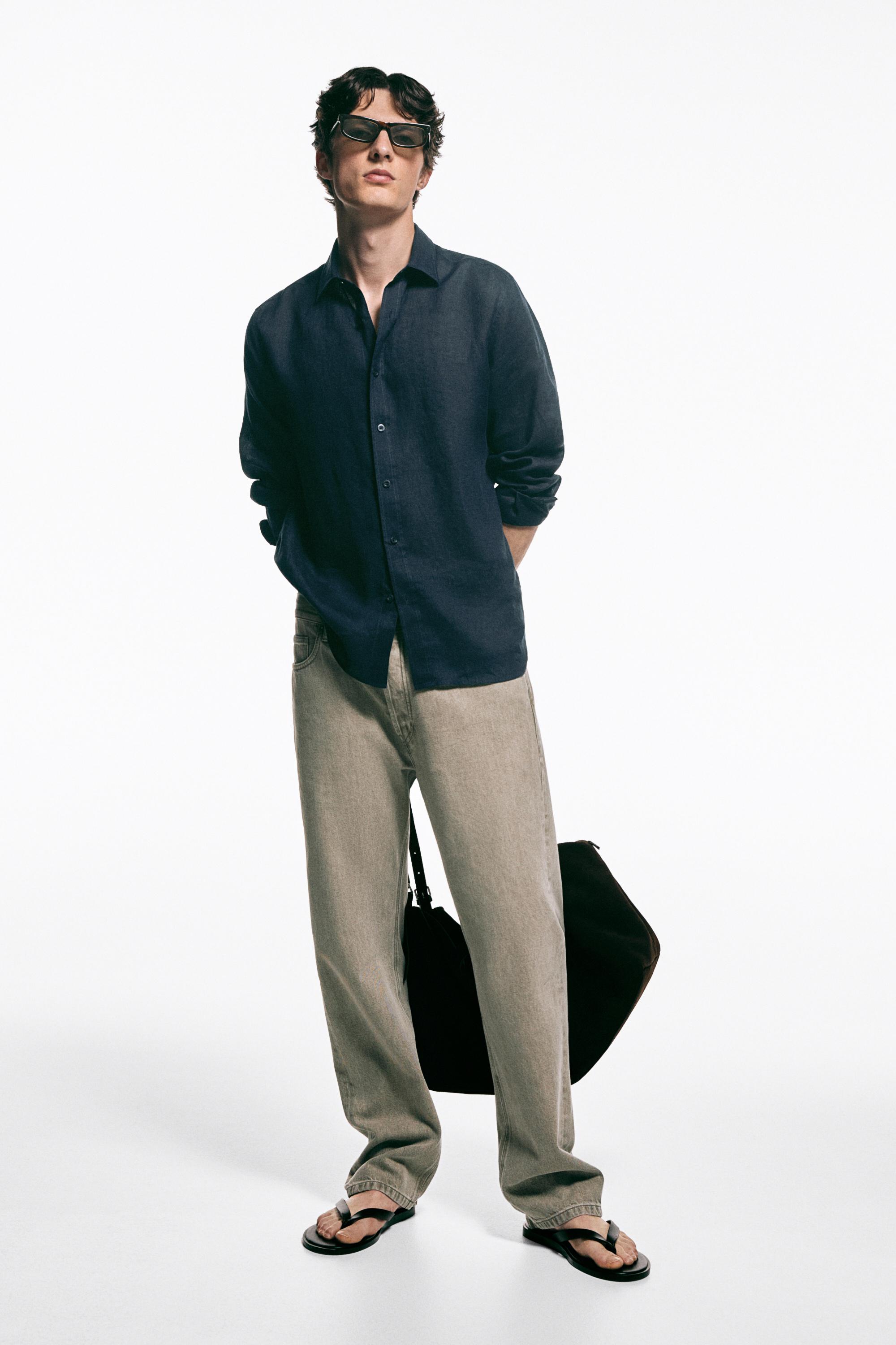 100% linen slim fit shirt — NAVY BLUE