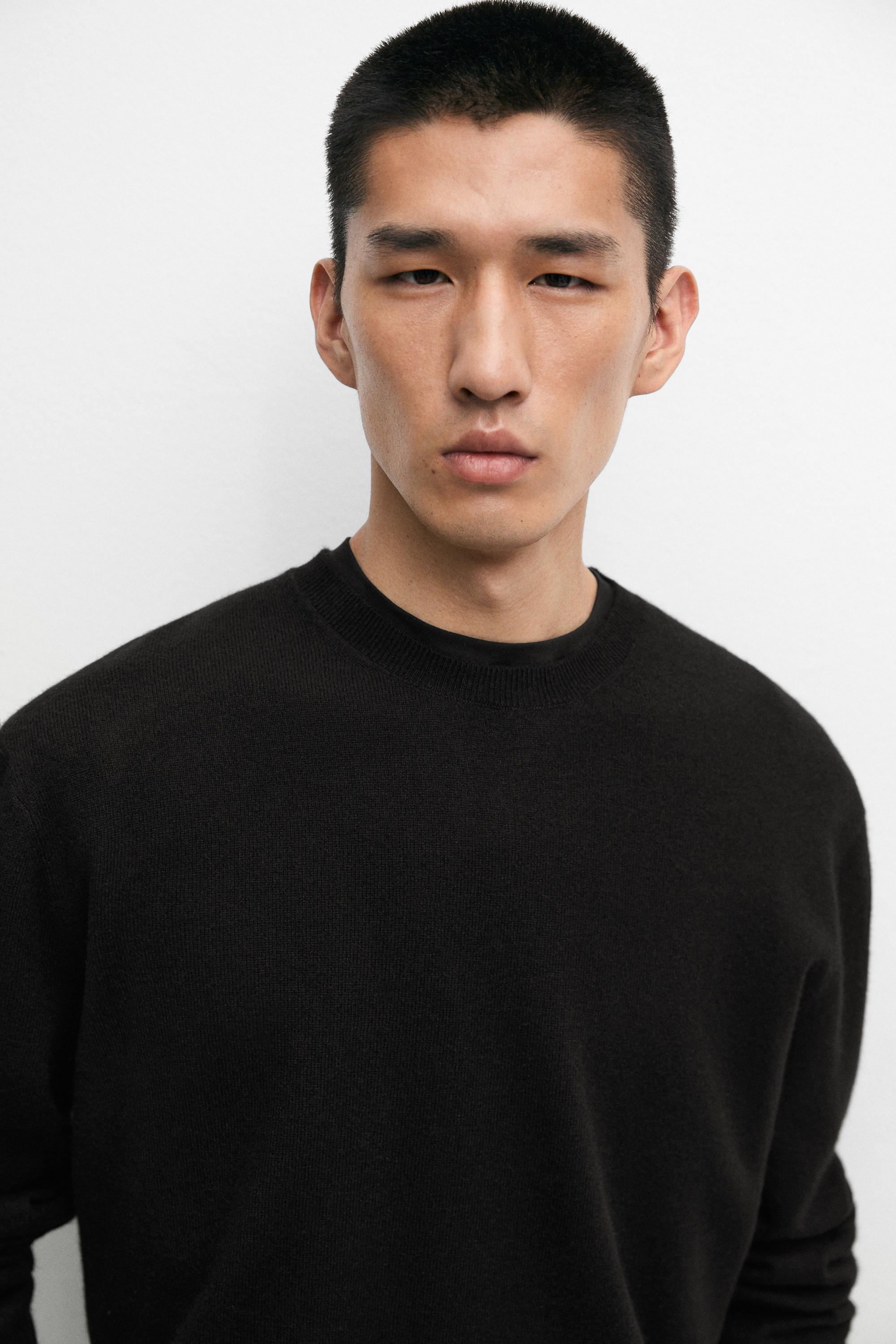 100% cashmere ribbed knit sweater — BLACK