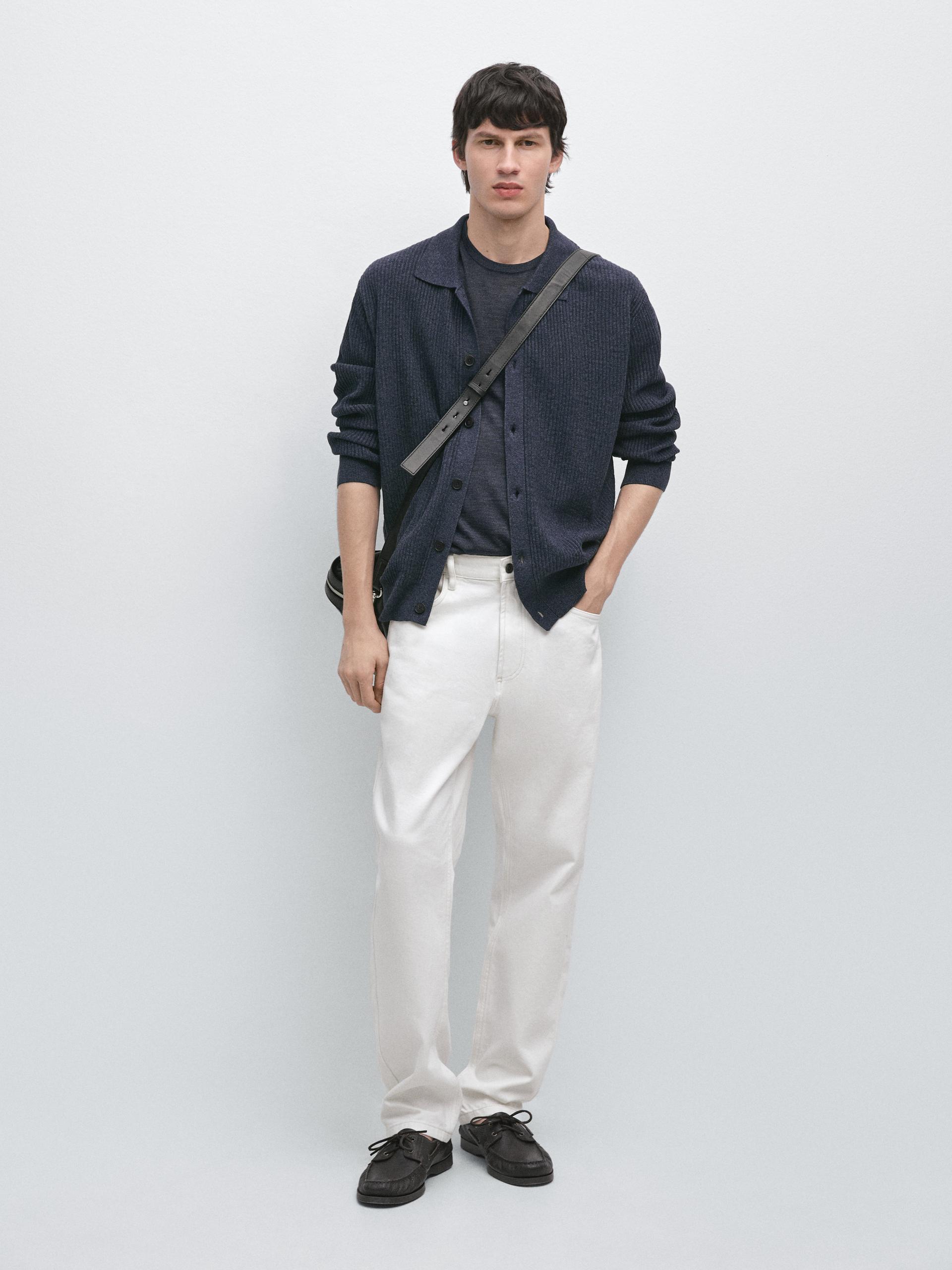 Cardigan In Maglia A Costine Con Bottoni - Indigo - Xl - Massimo Dutti - Maschile