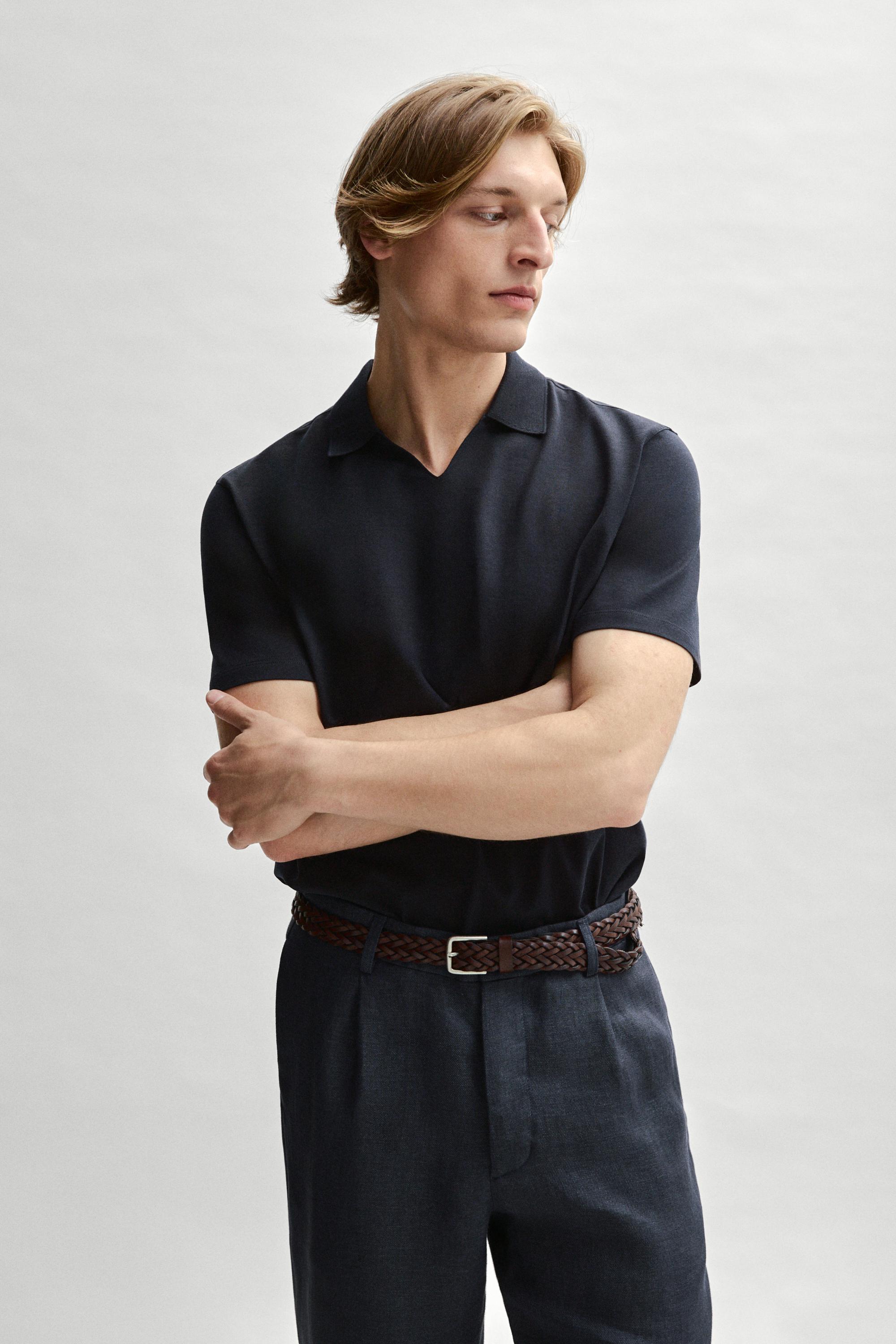Cotton V-neck polo shirt — NAVY BLUE