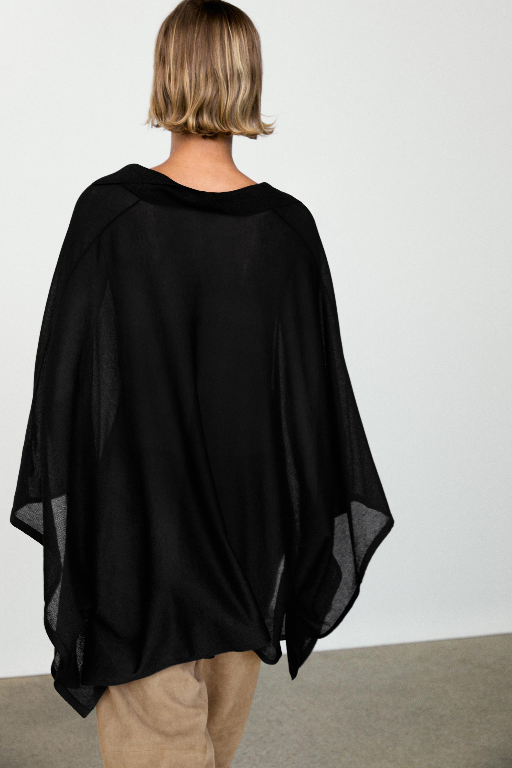 Metallic detail polo collar flowing cape — BLACK