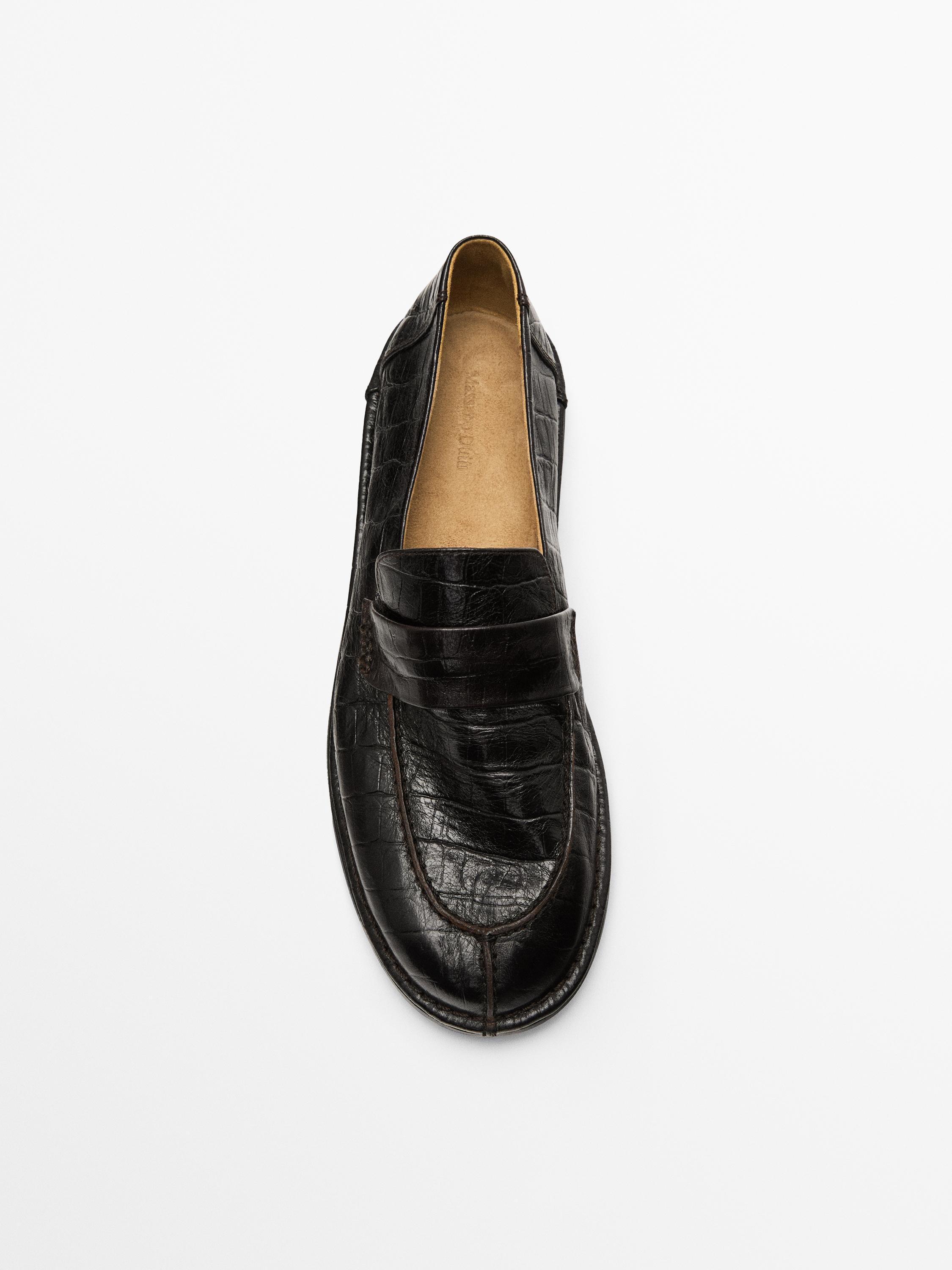 Mock croc embossed loafers — BROWN