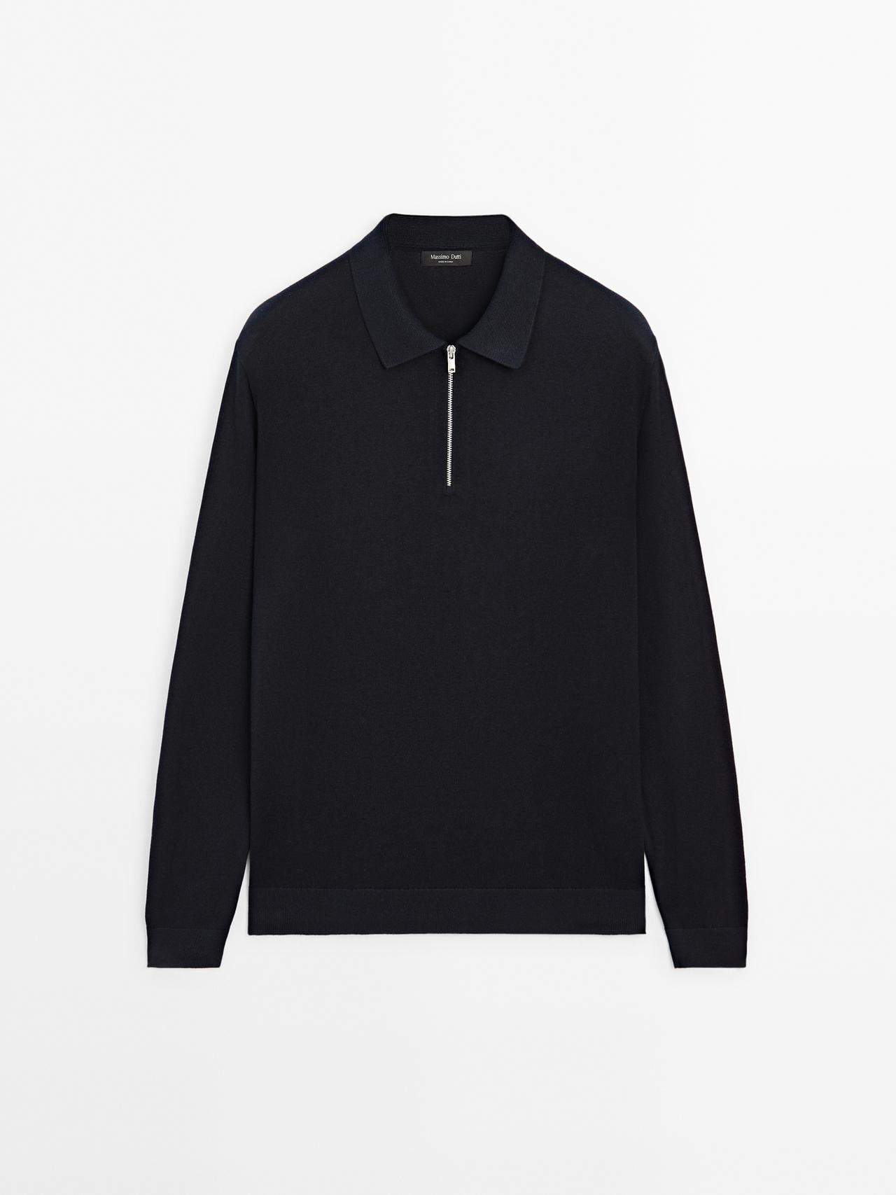 Massimo Dutti - Herre - Polotrøje I Strik Med Lynlås - Marineblå - Xxl