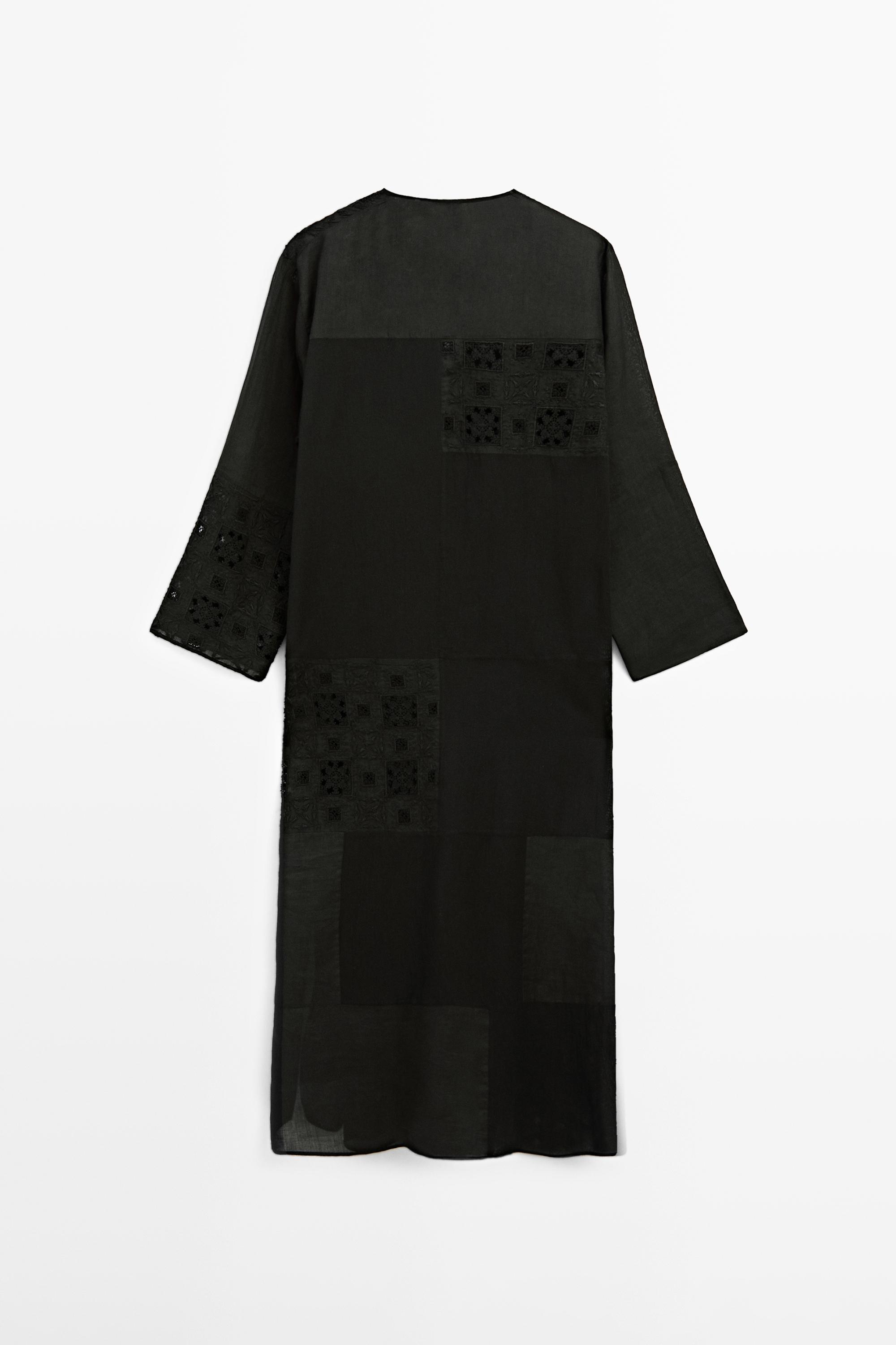 Flowing embroidered kaftan dress — BLACK