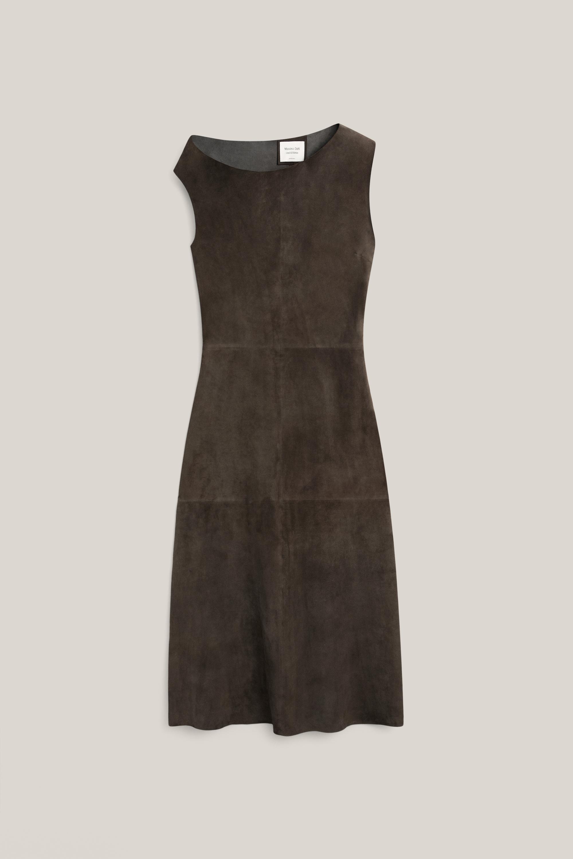 Suede leather midi dress with asymmetric neckline - LIMITED EDITION