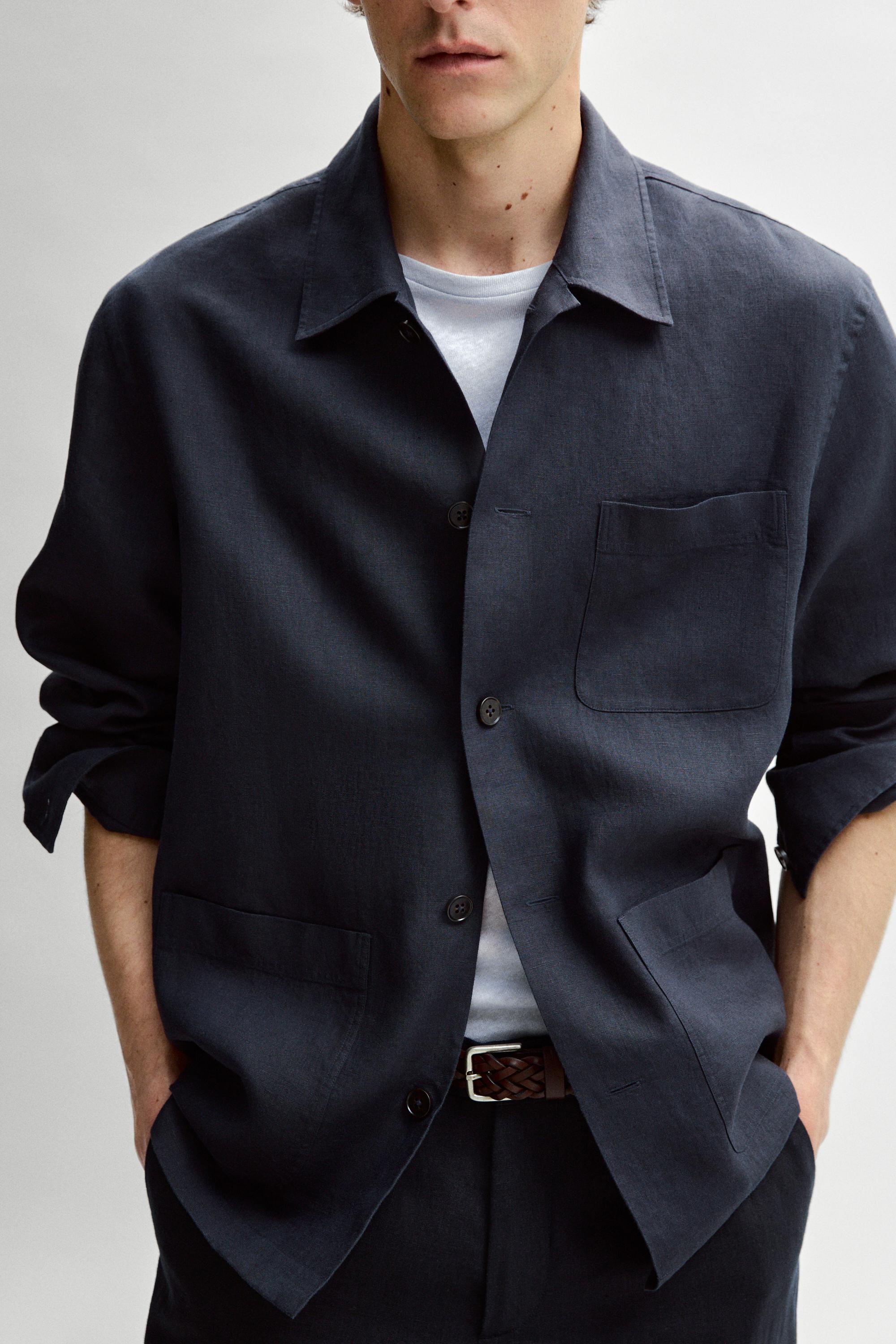 Linen total look overshirt with pocket details — NAVY BLUE