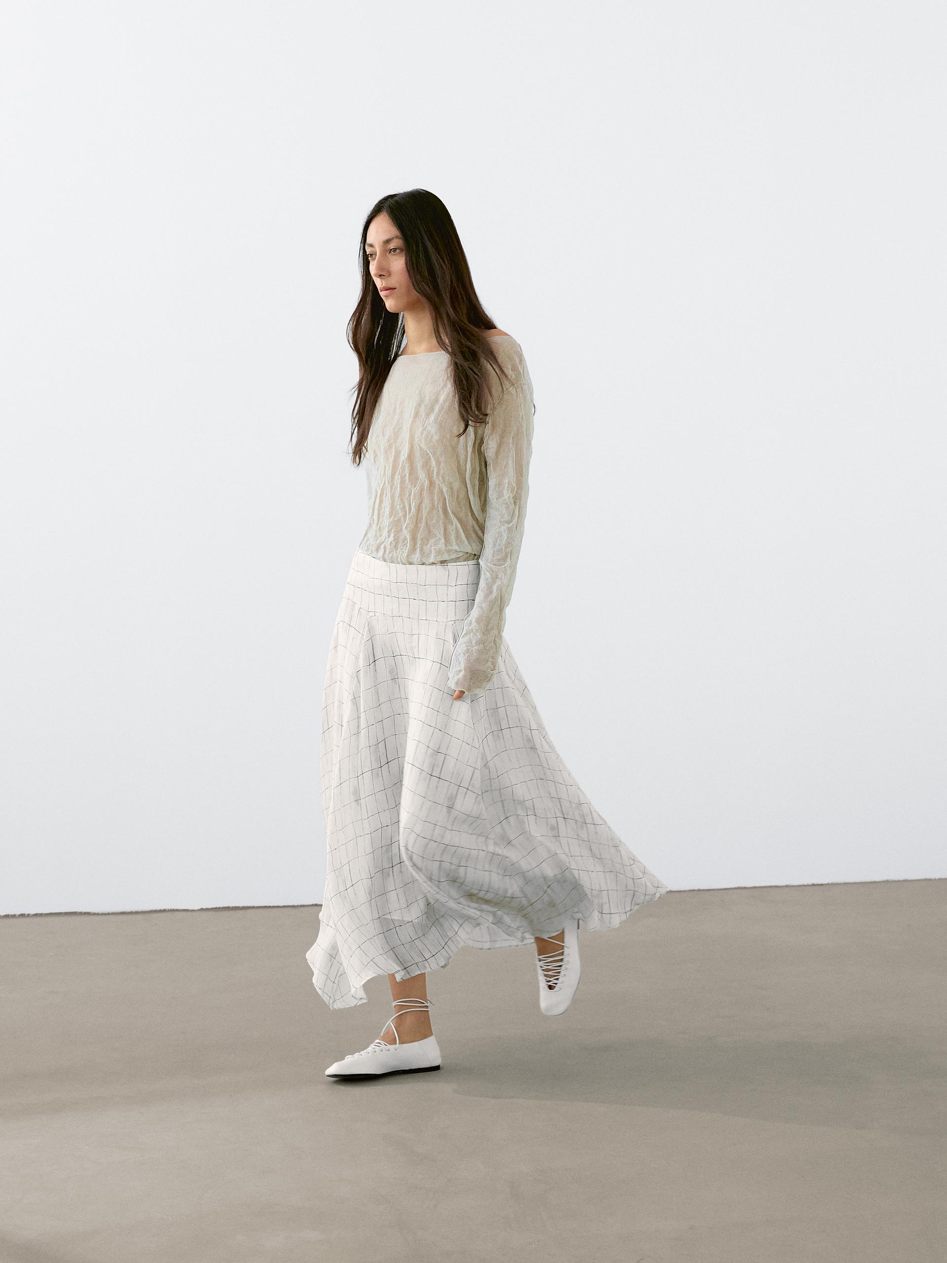Gonna Midi Morbida A Quadri - Ecru - 38 (It 42) - Massimo Dutti - Femminile