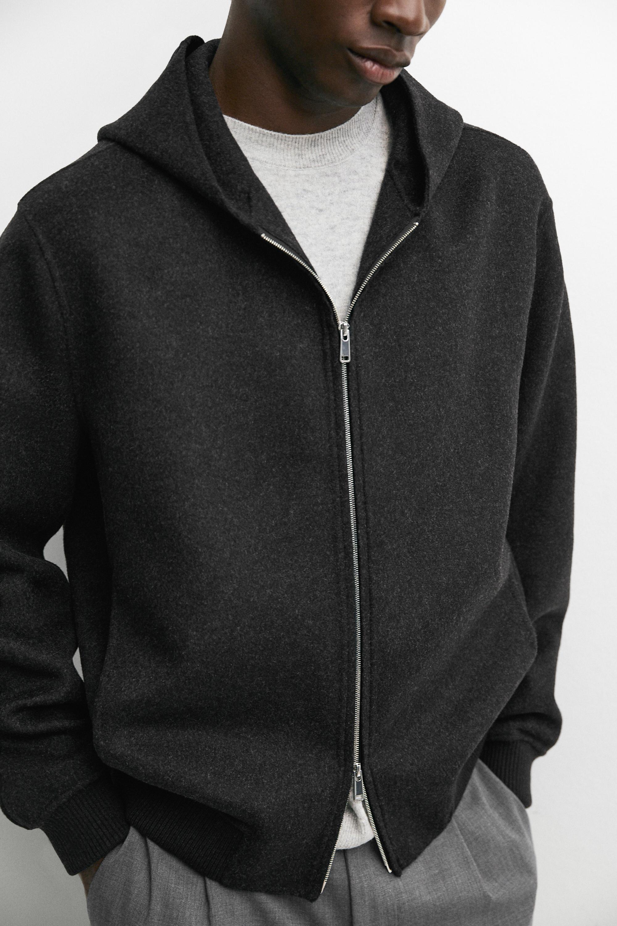 Wool blend double-knit hooded jacket — CHARCOAL