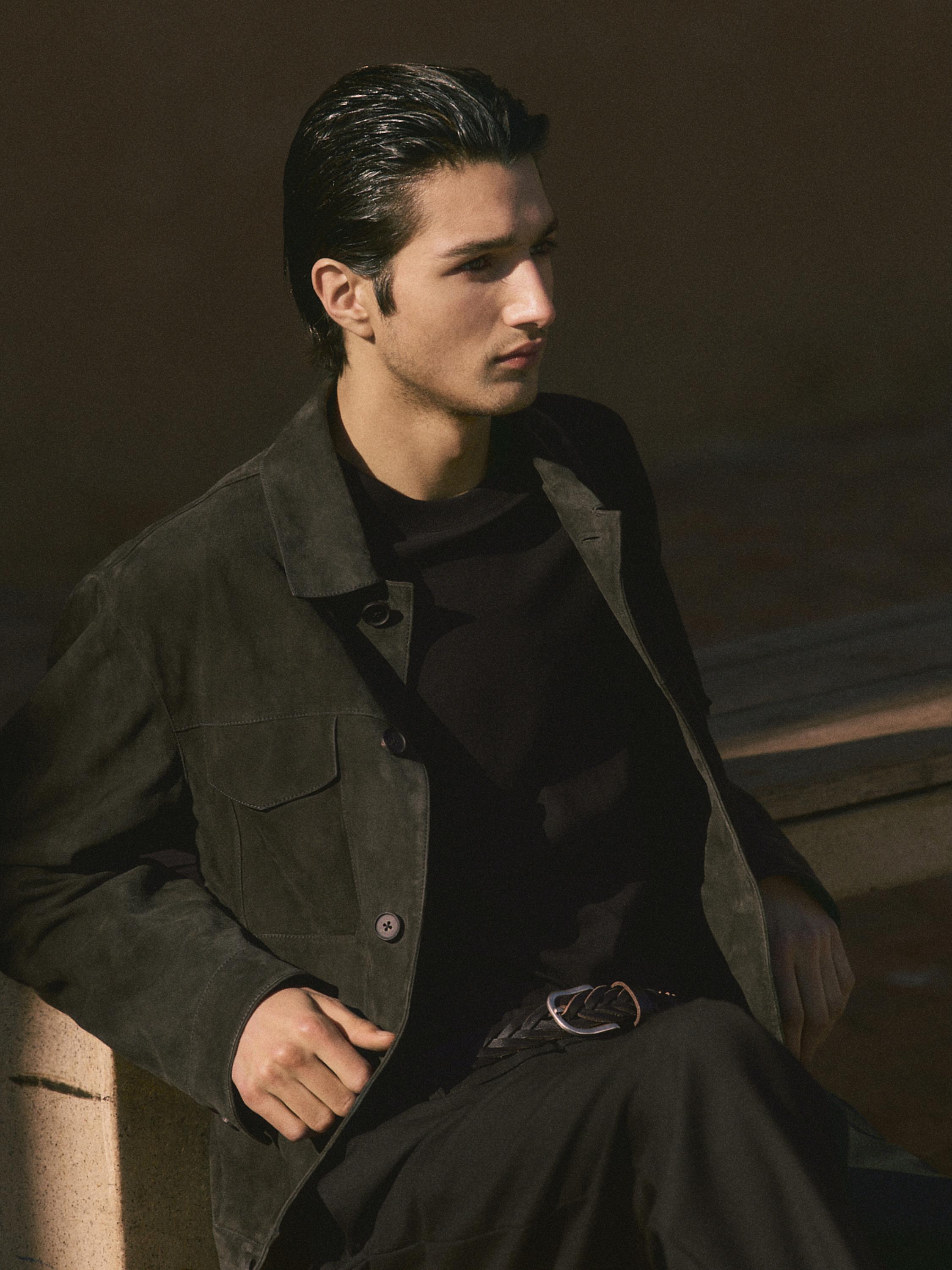 Suede leather jacket with pockets — BLUISH GREY
