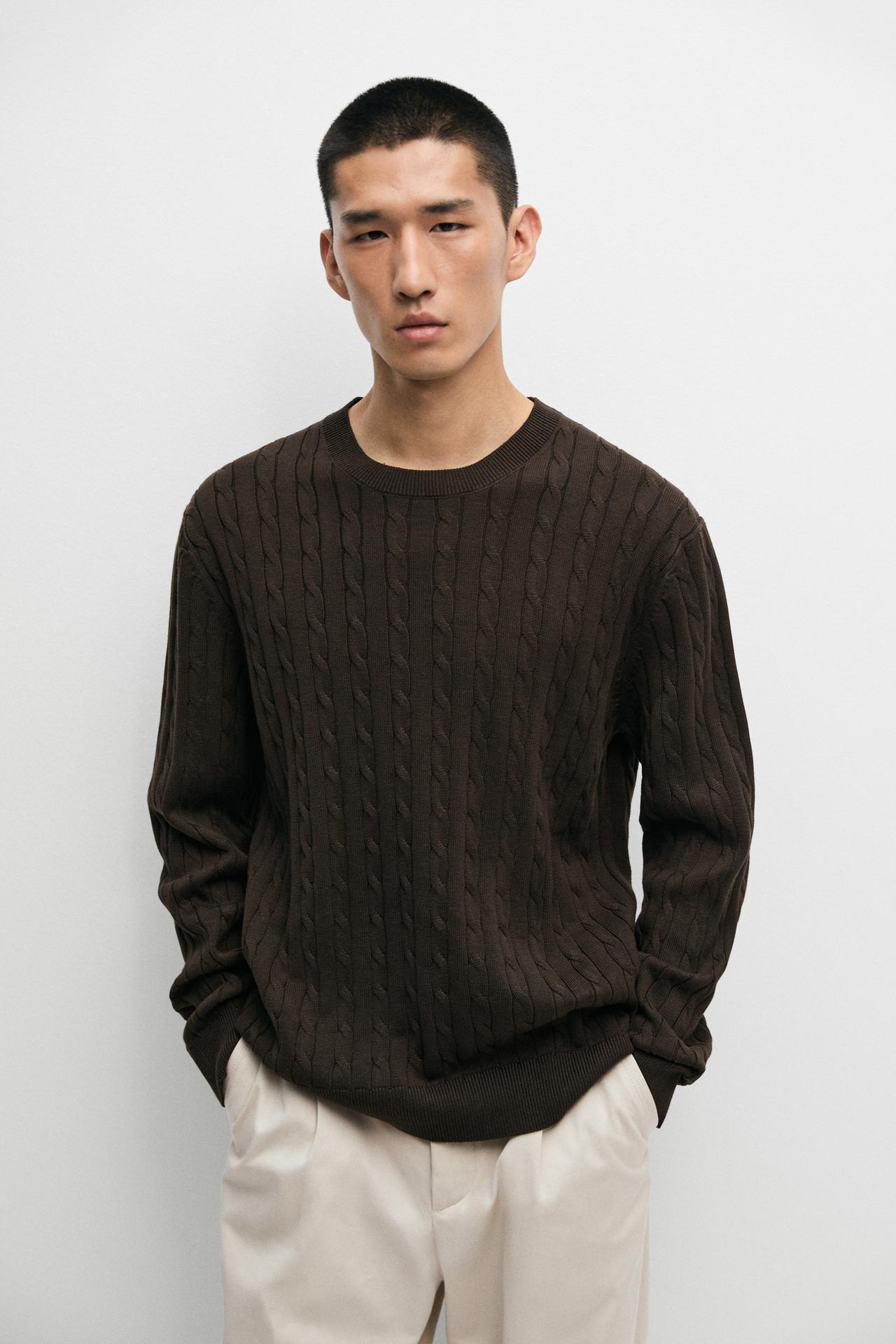Cable-knit round neck sweater — BROWN MARL
