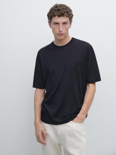 Wool-blend short-sleeve knit sweater — NAVY BLUE 3