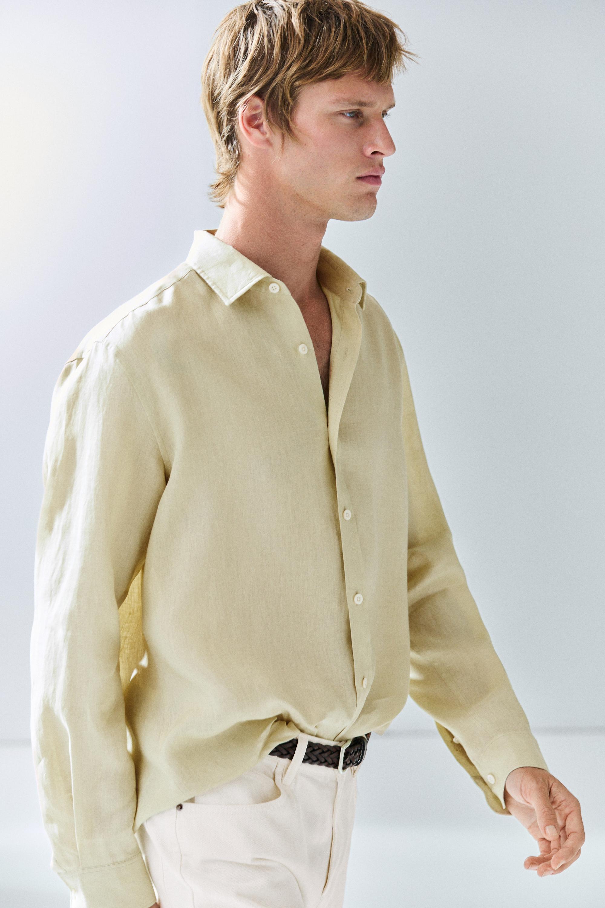 Slim fit 100% linen shirt — PALE GREEN