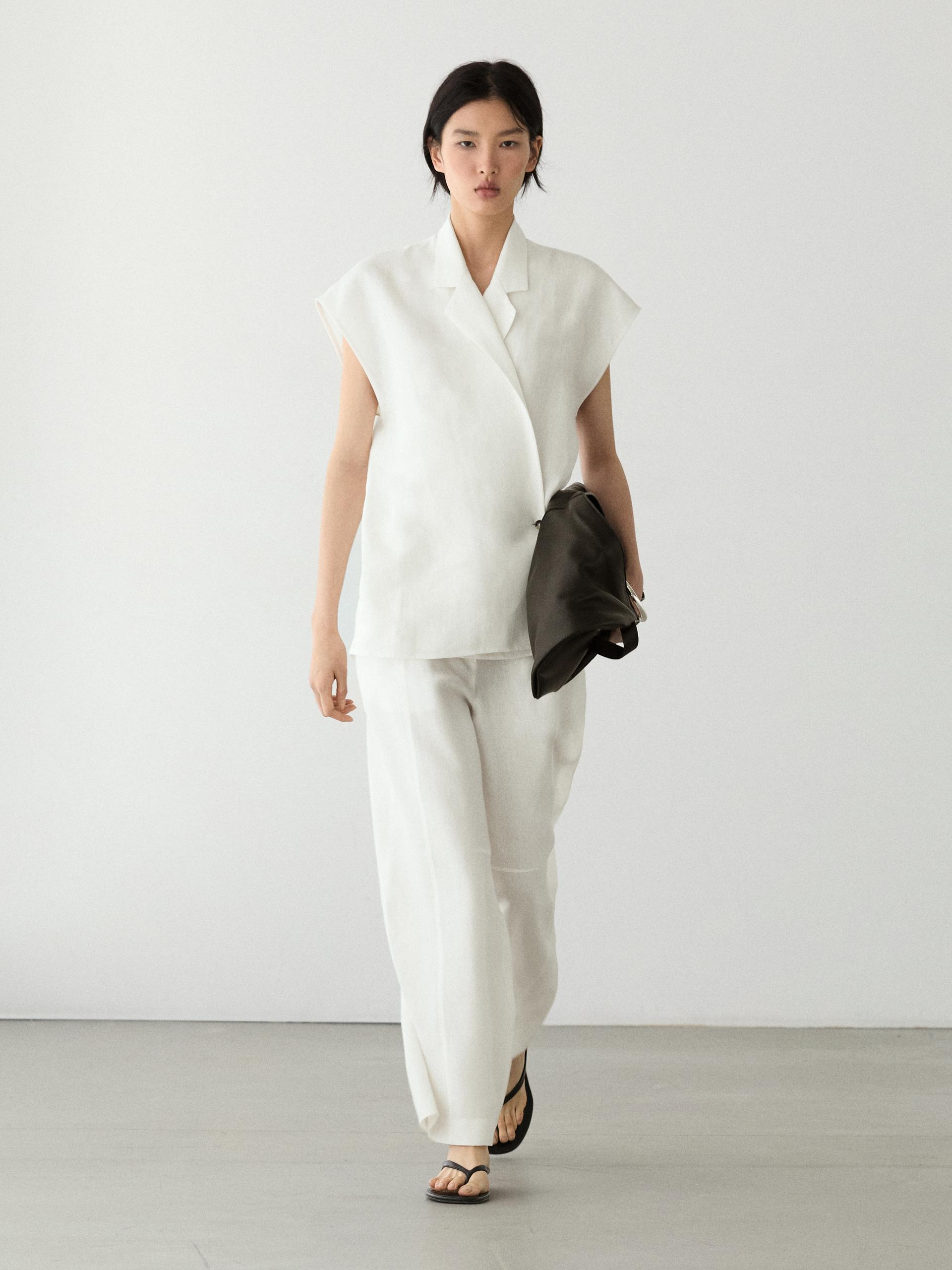 Colete Cruzado De Linho Com Lapelas - Gelo - Xs - Massimo Dutti - Mulher