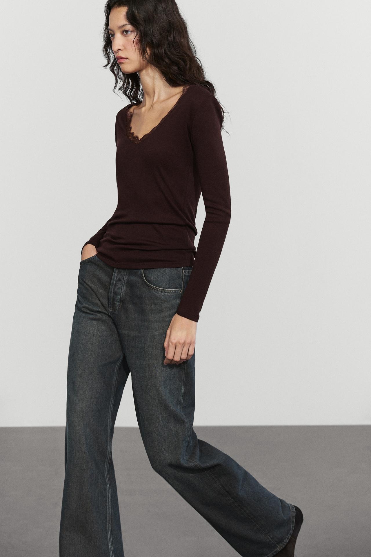 Long sleeve T-shirt with lingerie-inspired detail — BROWN