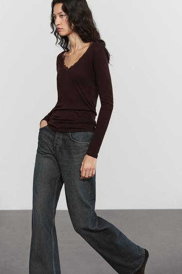 Long sleeve T-shirt with lingerie-inspired detail — BROWN 8