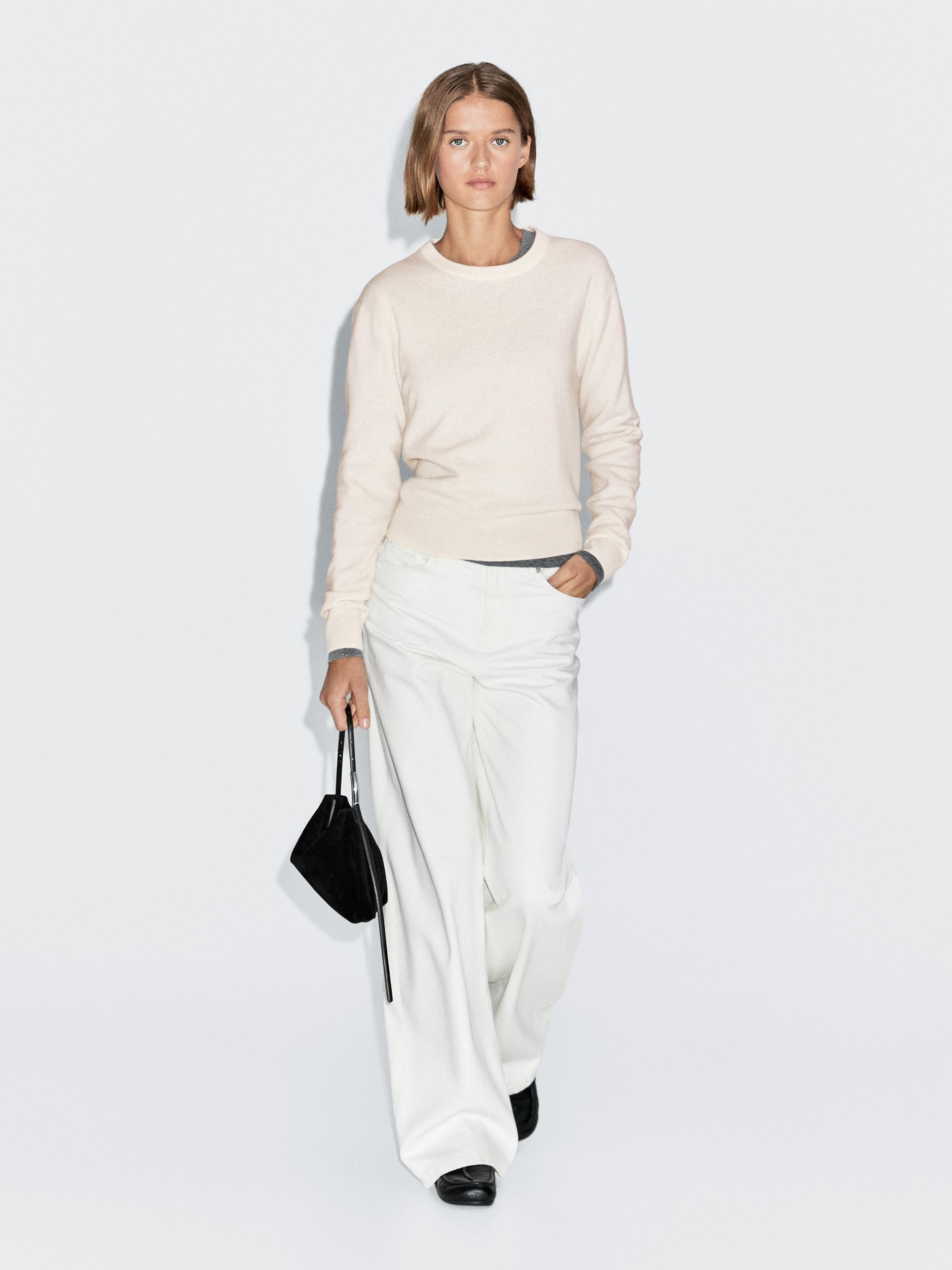Pull À Col Rond En Maille De Laine Mélangée - Cru - M - Massimo Dutti - Femme