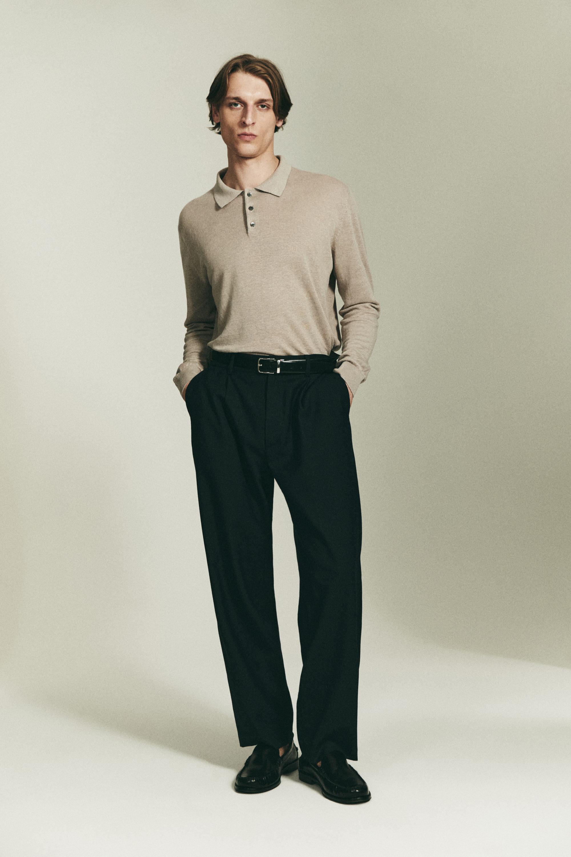100% linen knit polo collar sweater — STONE