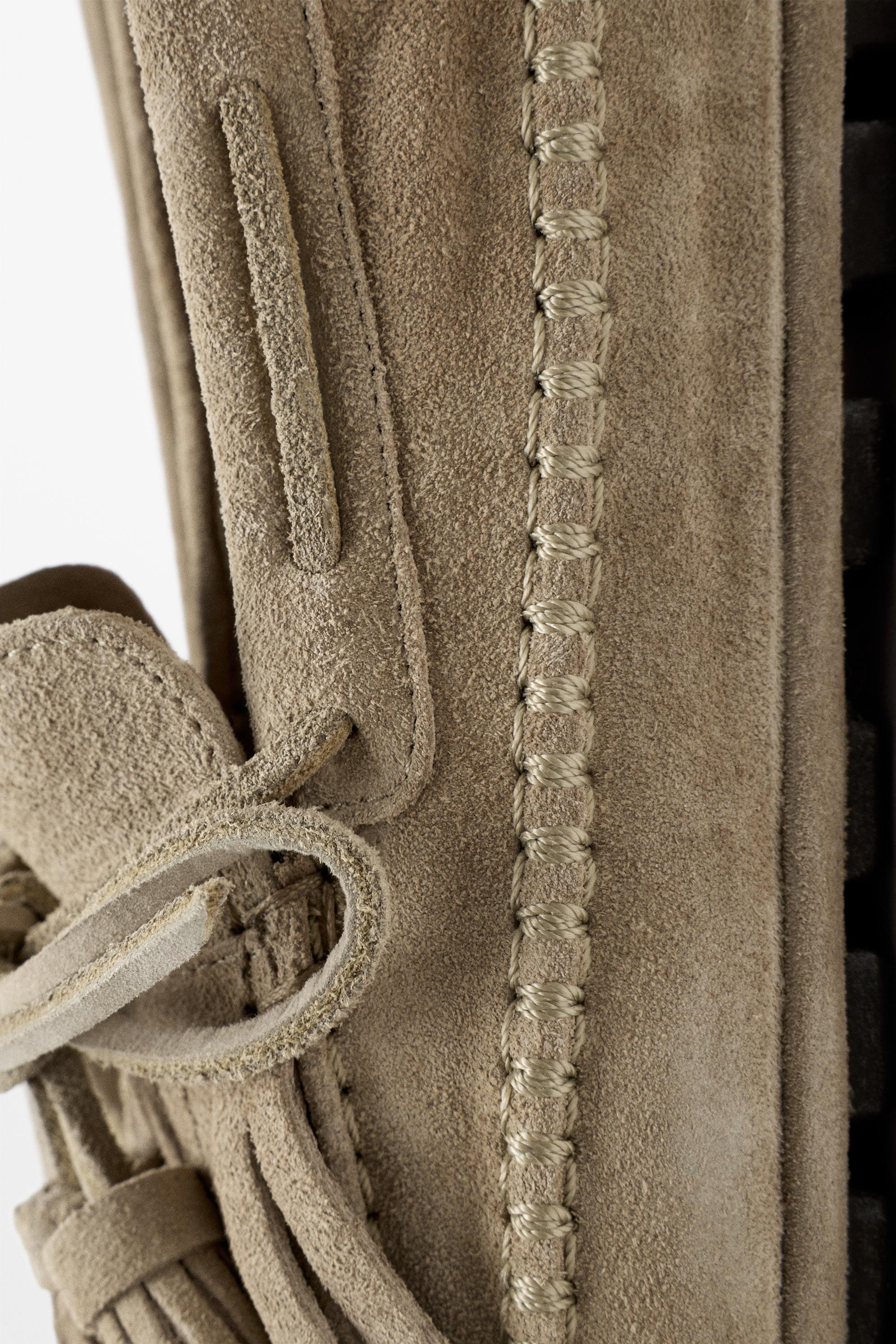 Leather loafers with fringing and tassels — BEIGE
