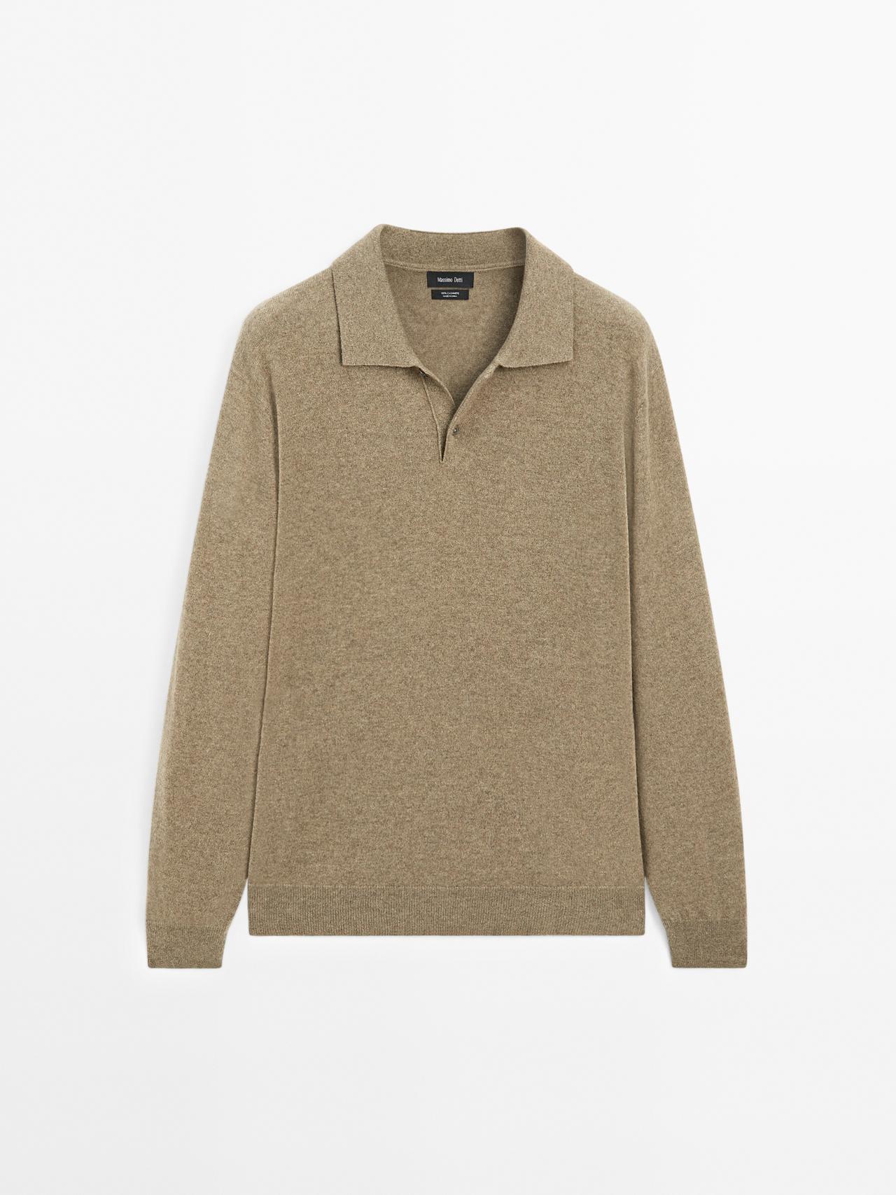 Massimo Dutti - Herre - Poloshirt I Ribstrik Af 100 % Kashmir - Kaki - S