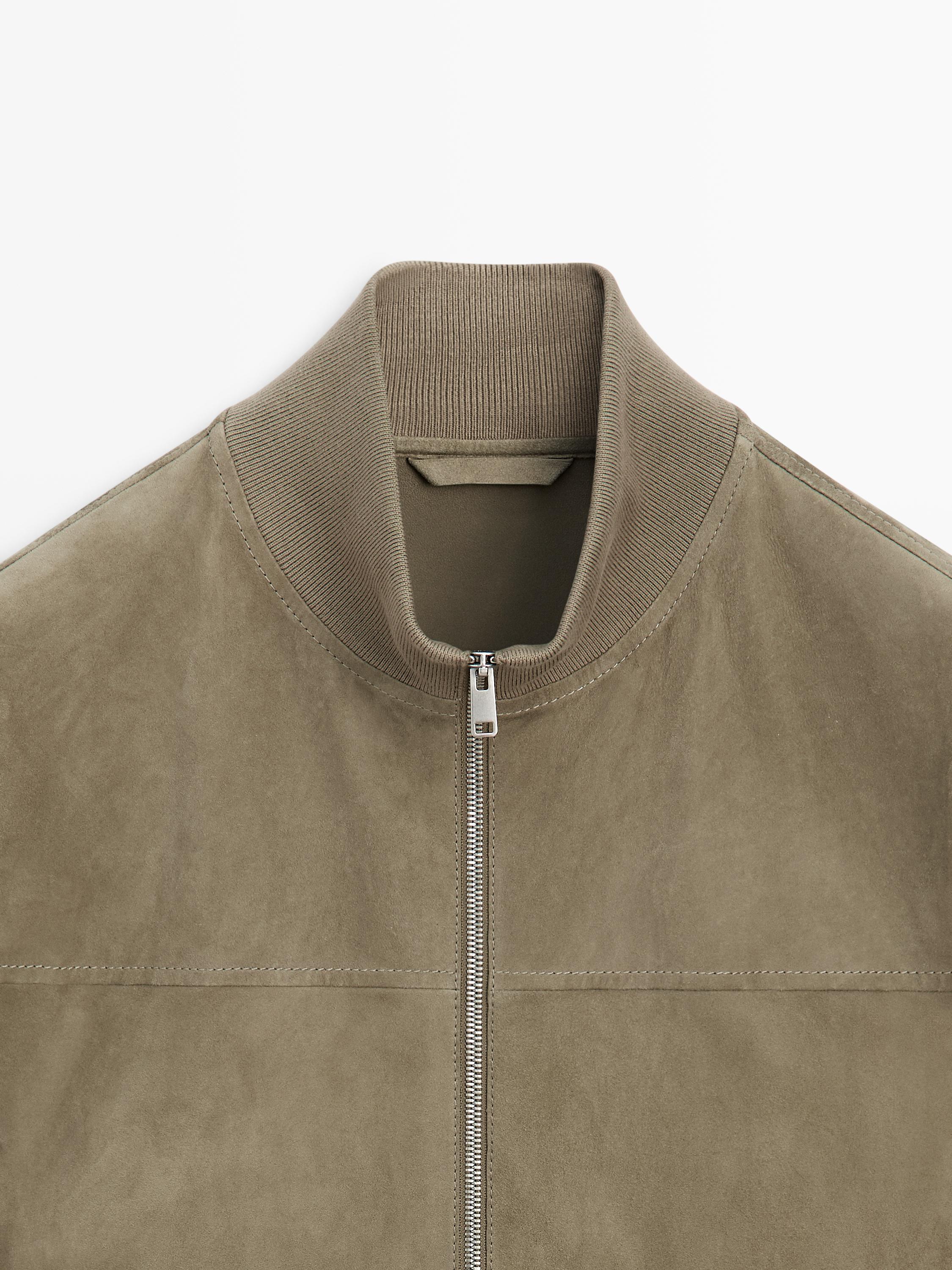 Contrast knit and suede leather jacket — PALE KHAKI