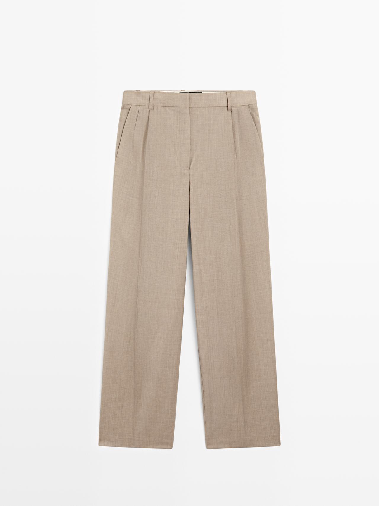 Massimo Dutti - Dames - 100% Wollen Pantalon Met Bandplooien - Beige - 38