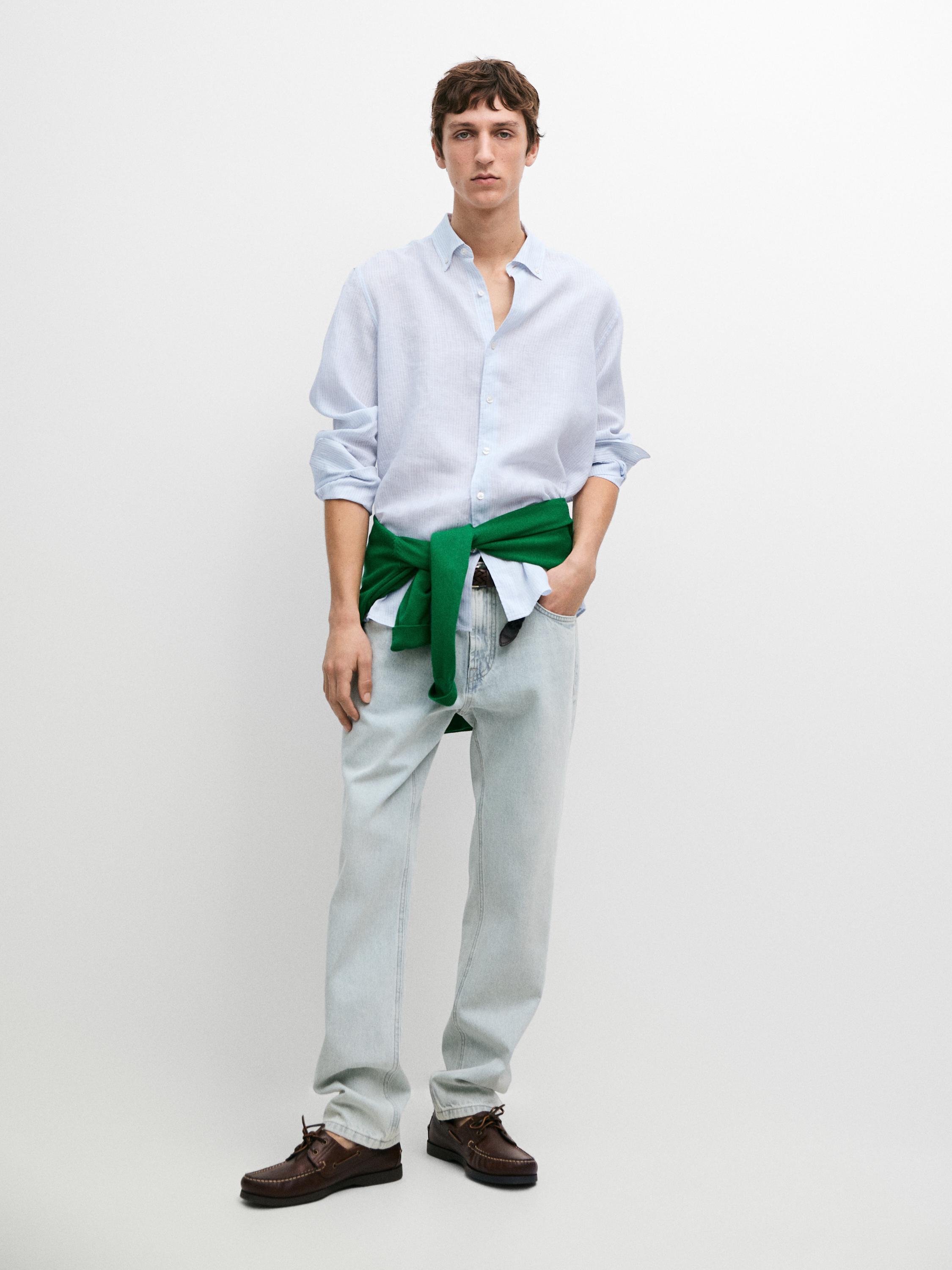 Regular fit 100% linen striped shirt — Sky blue