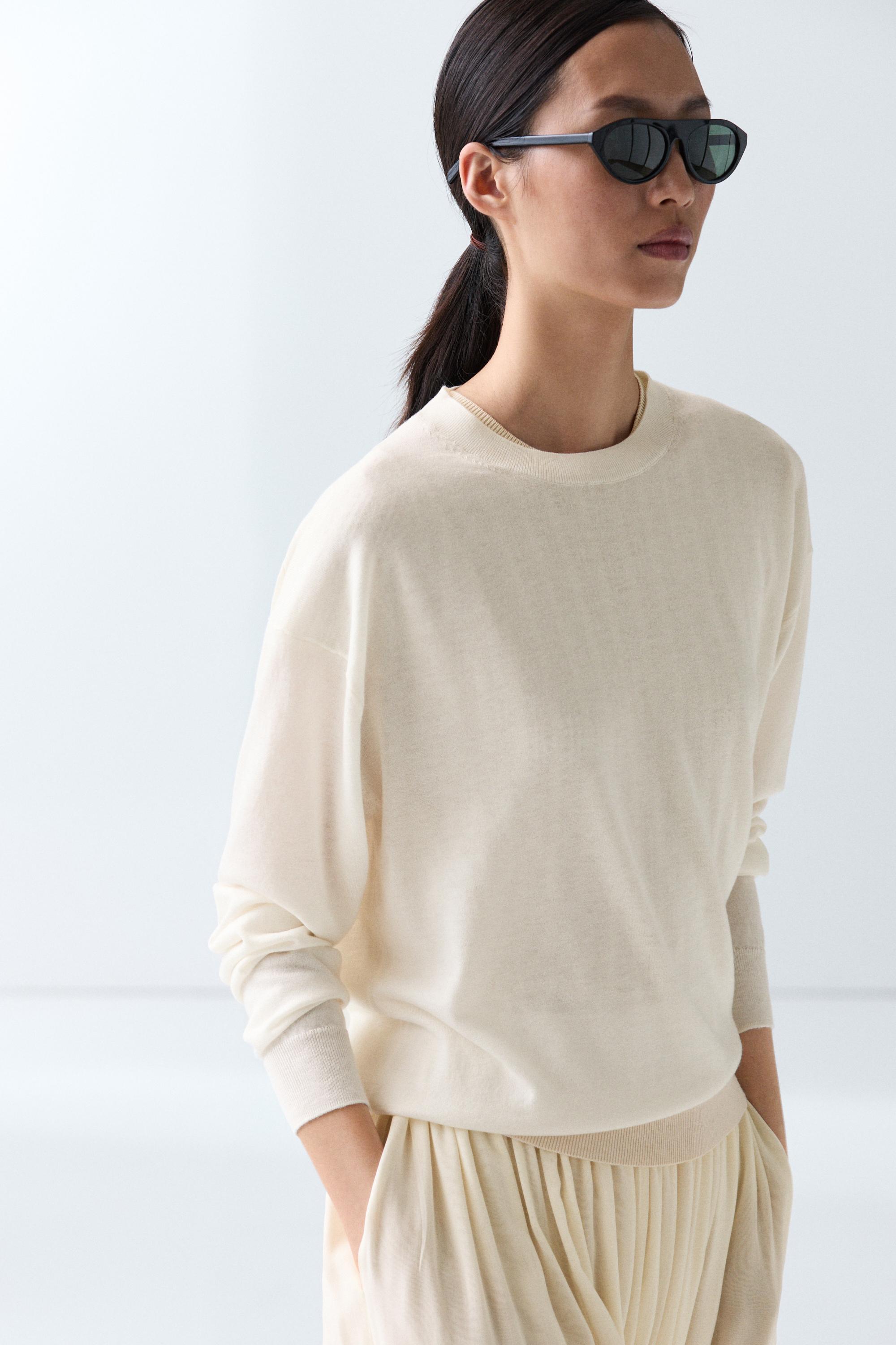 Fine knit round neck sweater — CREAM
