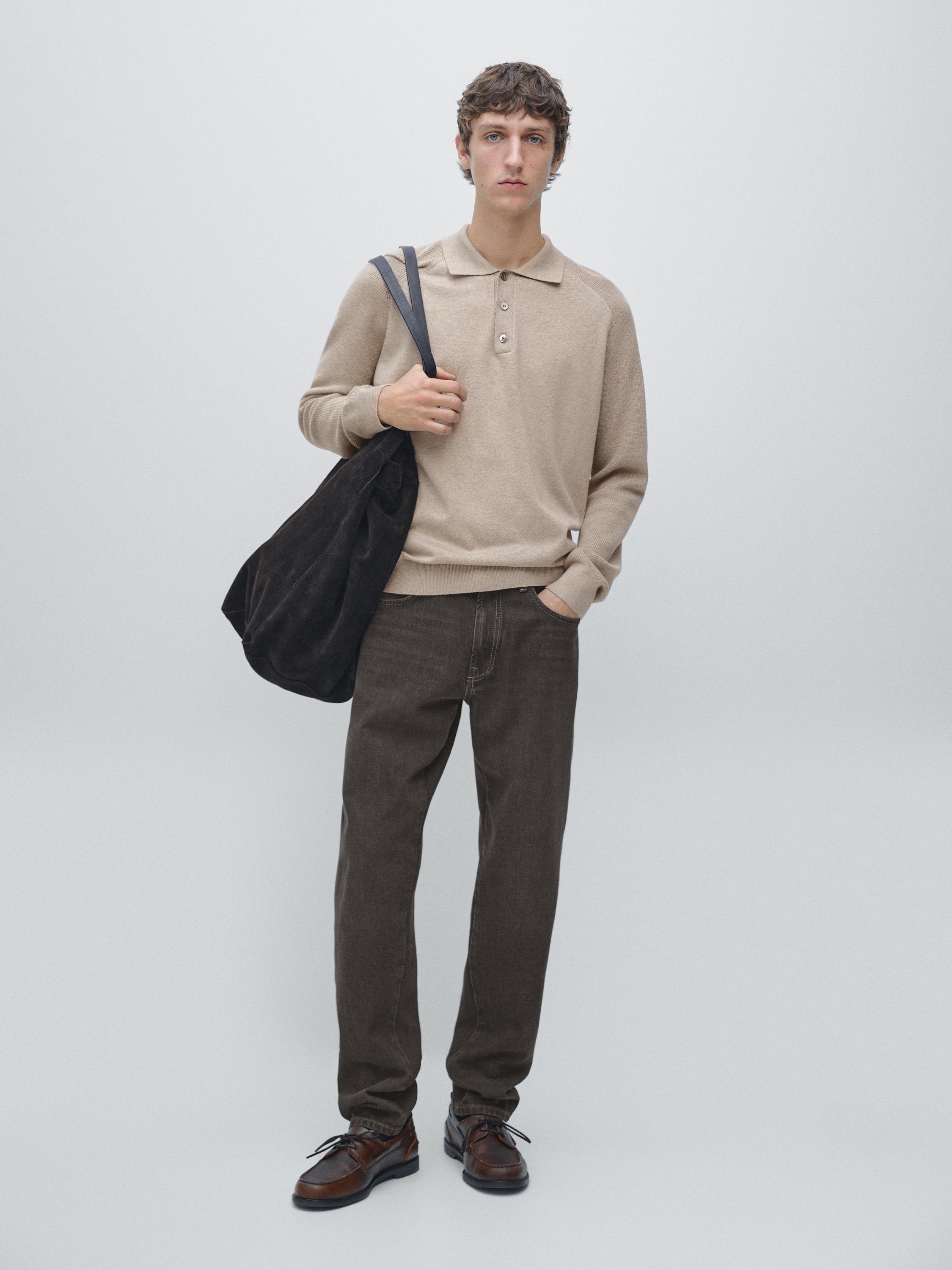 Cotton blend knit polo sweater — MINK