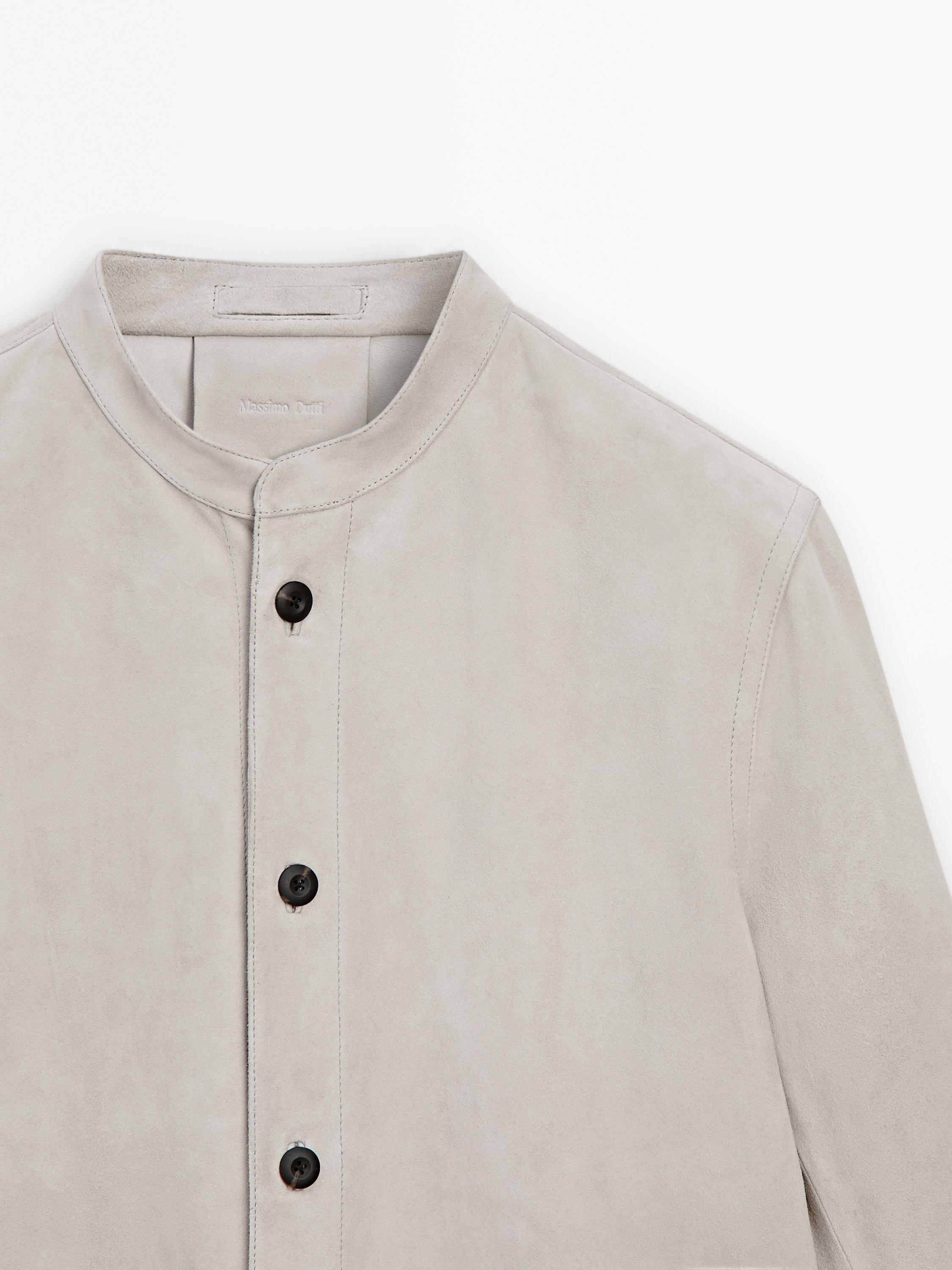 Suede leather shirt with stand collar
