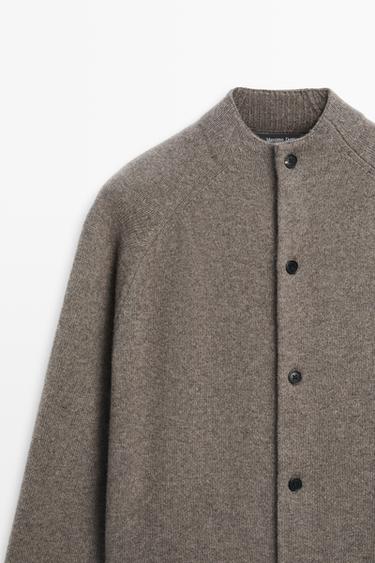 Wool blend mock neck knit cardigan — Sand 4