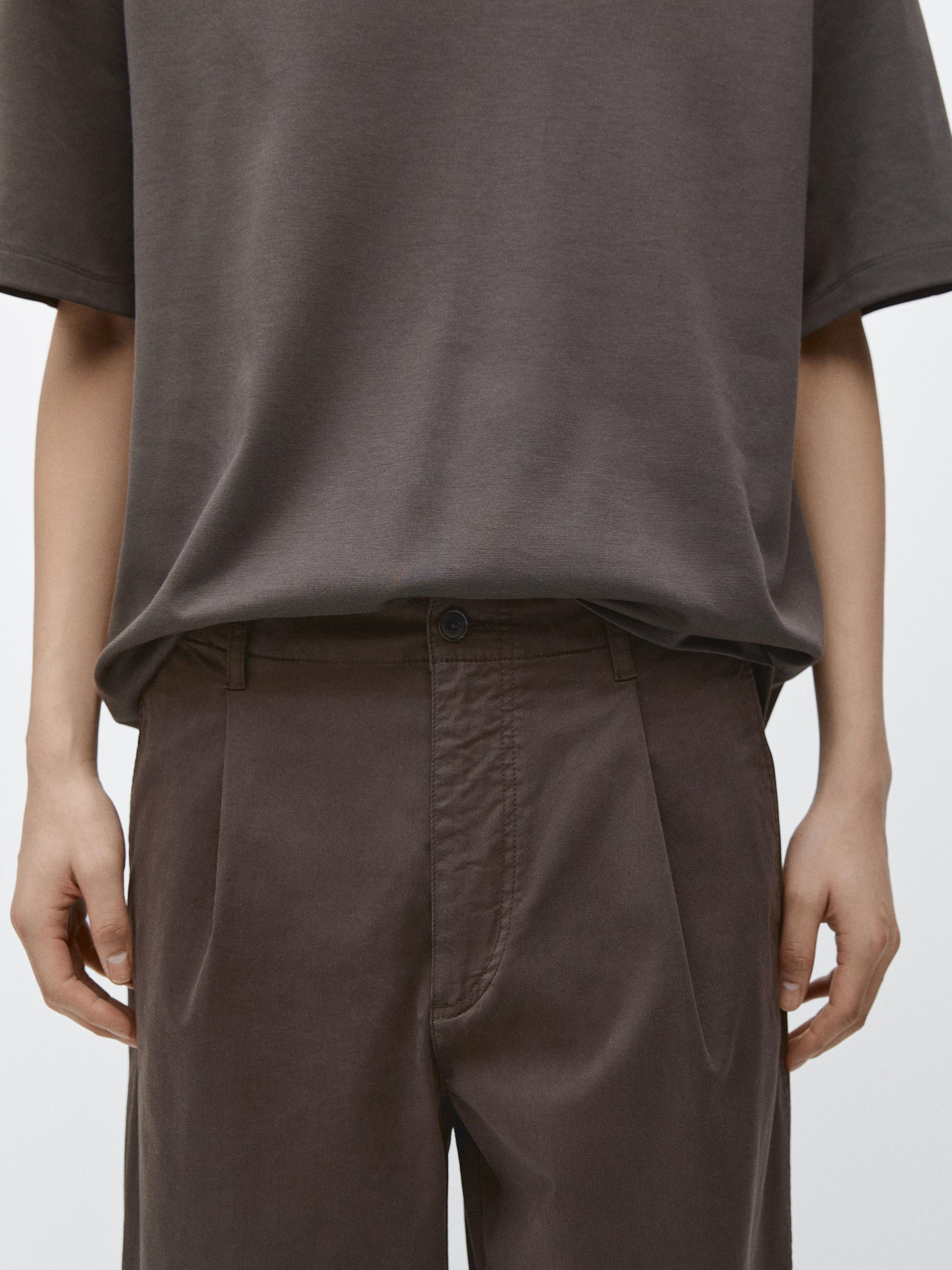 Cotton blend barrel fit trousers — BROWN