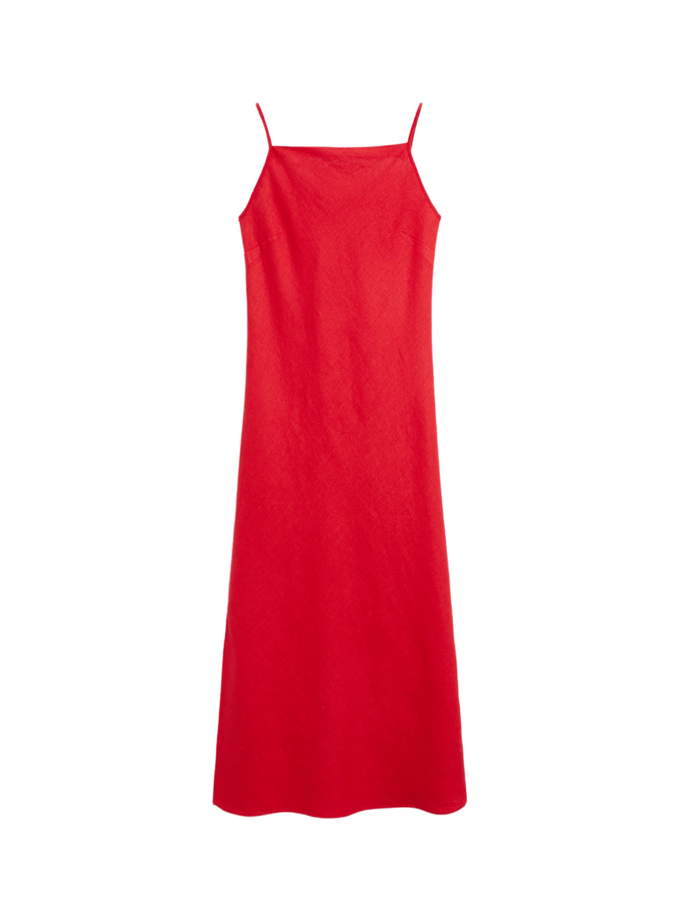 100% linen midi dress with straight neckline — RED